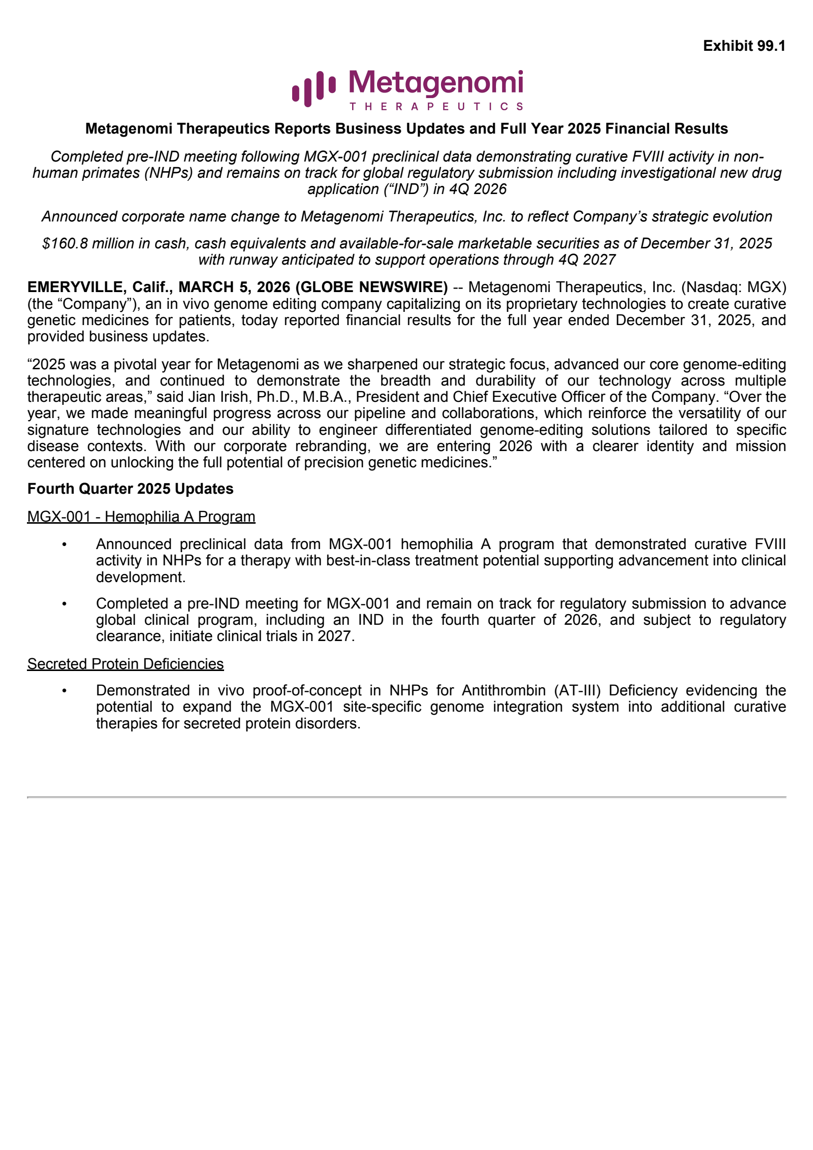 Metagenomi's Q4 2025 Press Release