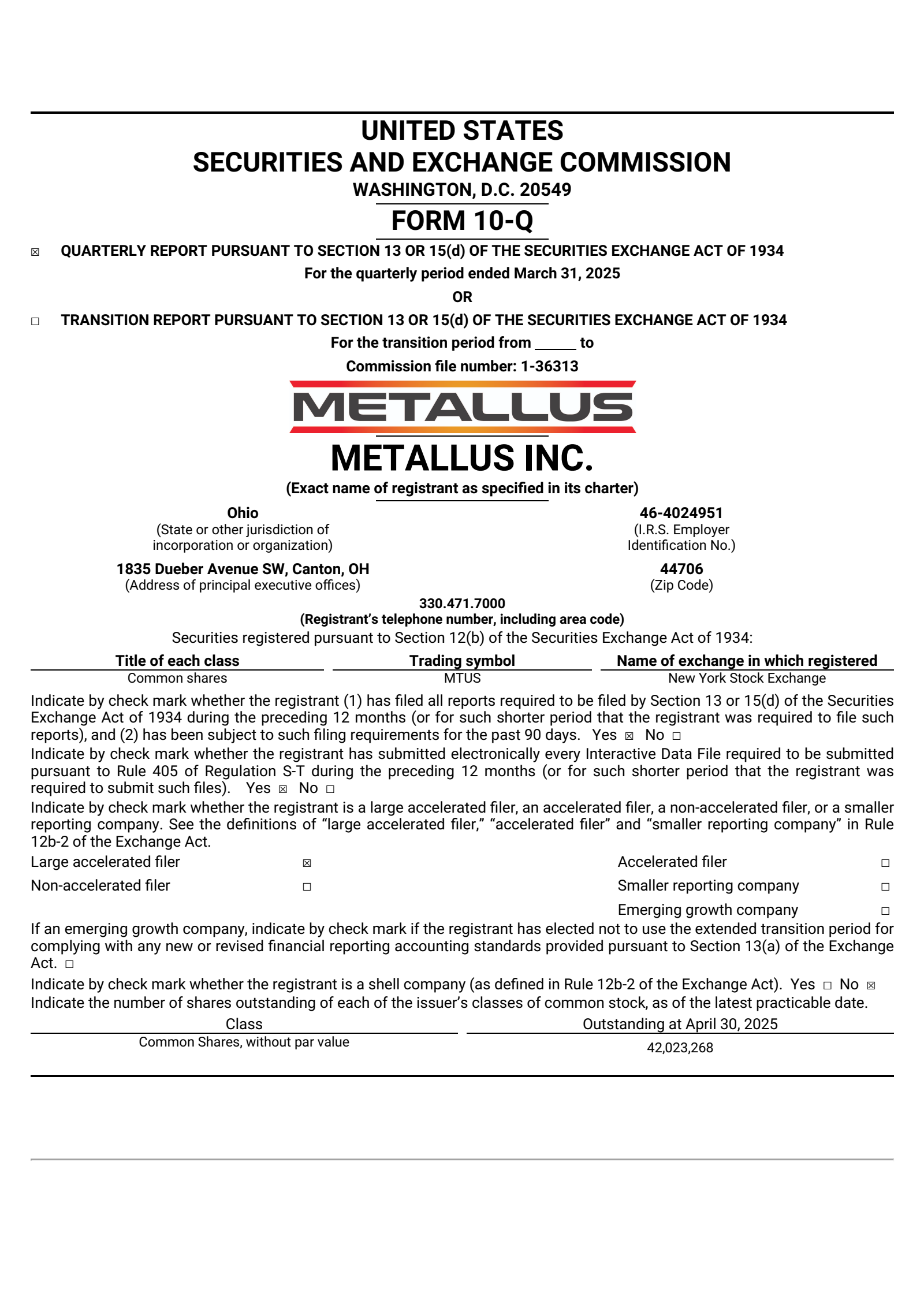 Metallus' Q1 2025 Quarterly report