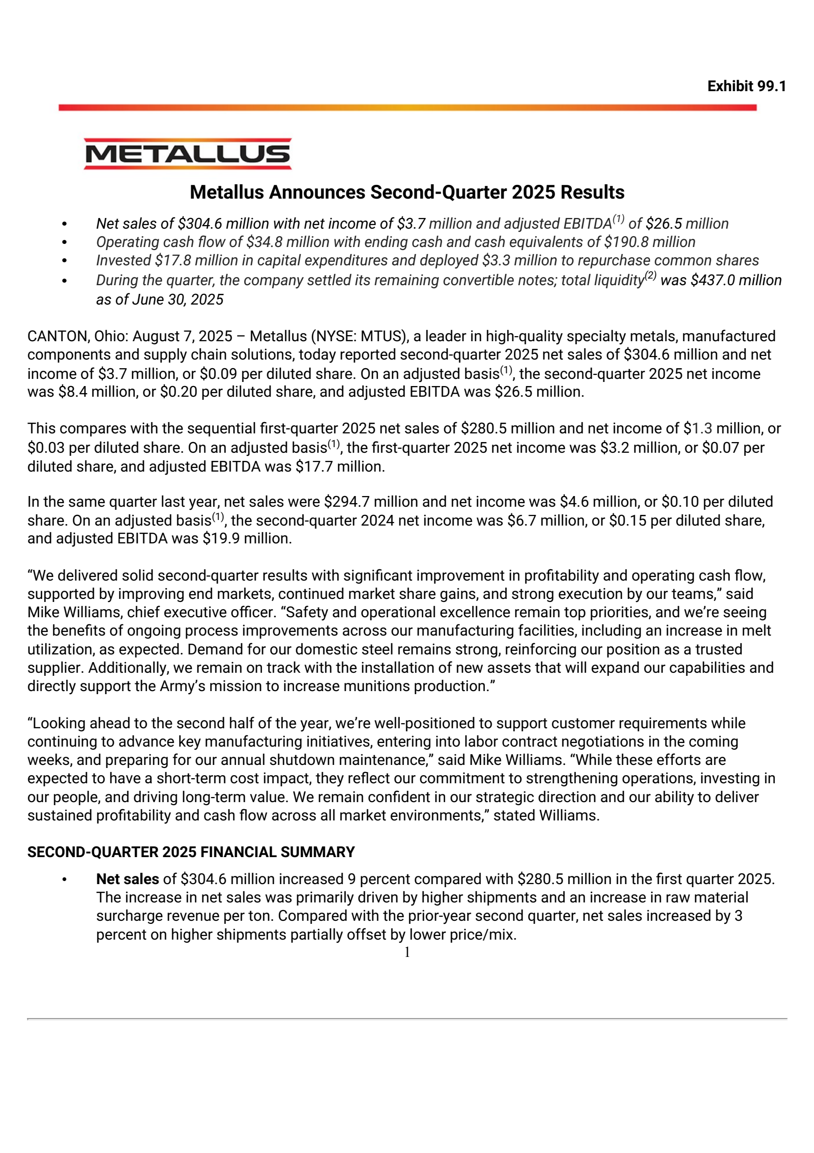 Metallus' Q2 2025 Press Release
