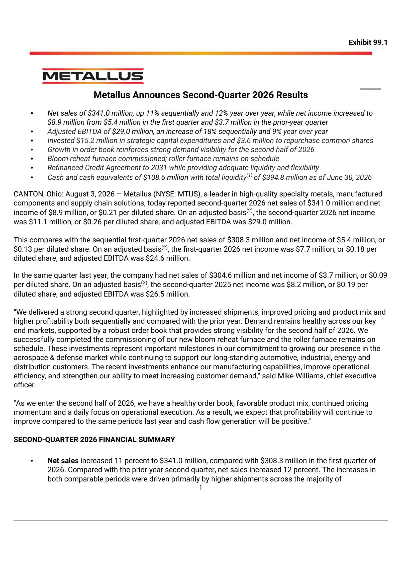 Metallus' Q2 2026 Press Release
