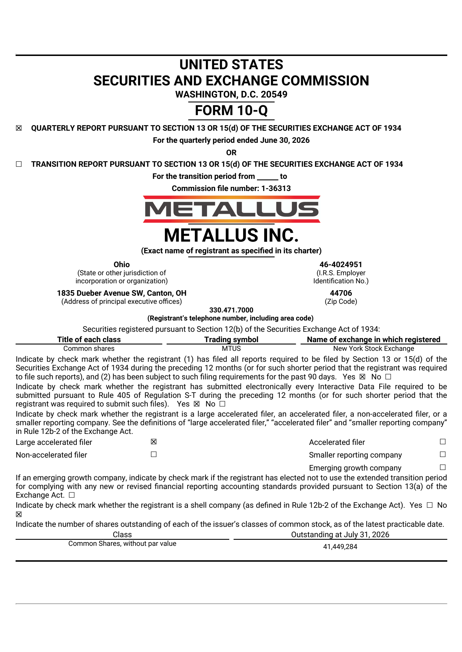 Metallus' Q2 2026 Quarterly report
