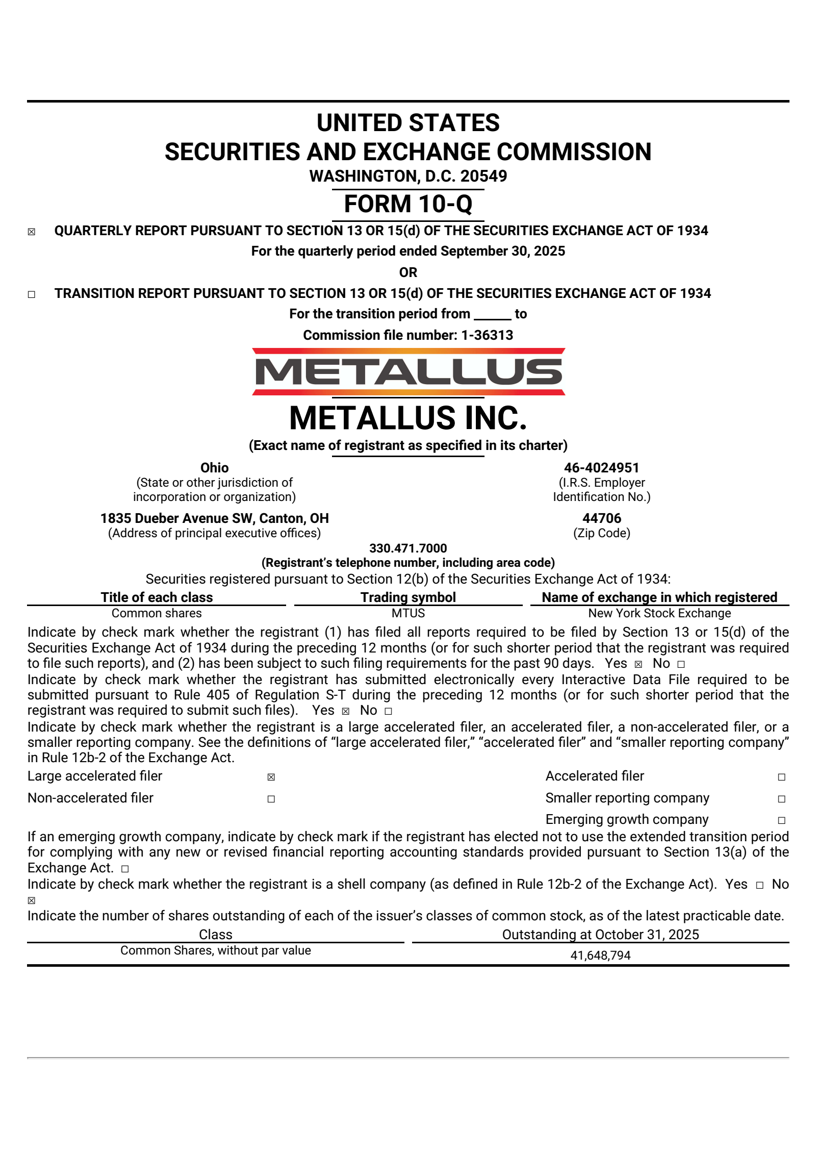 Metallus' Q3 2025 Quarterly Report
