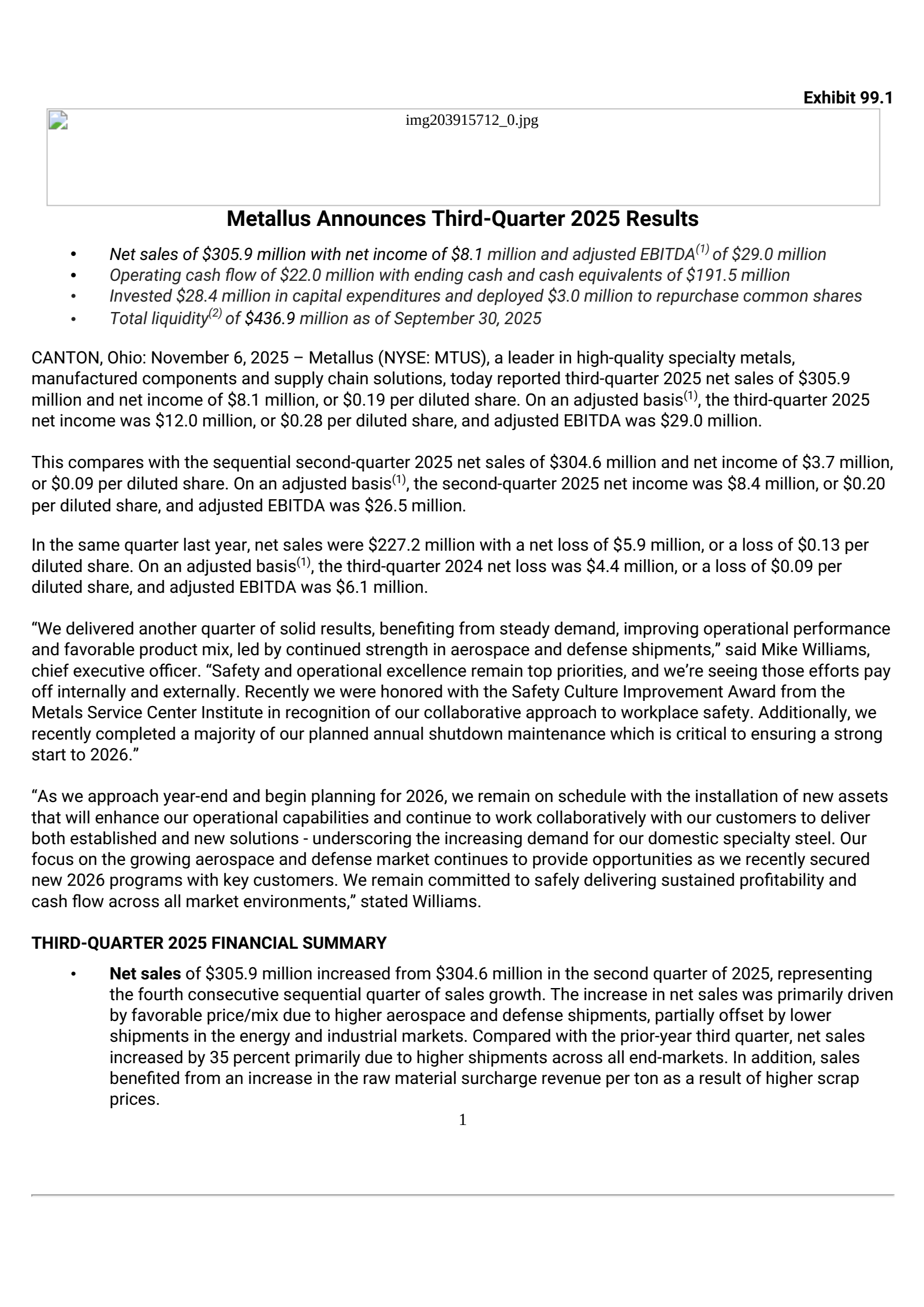 Metallus' Q3 2025 Earnings Release