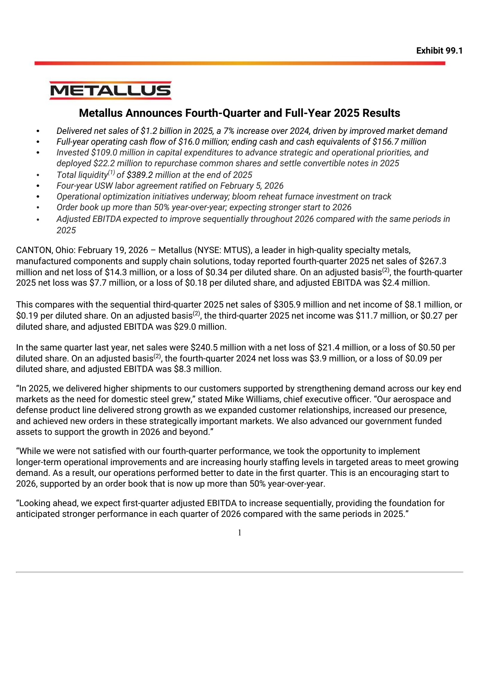 Metallus' Q4 2025 Press Release