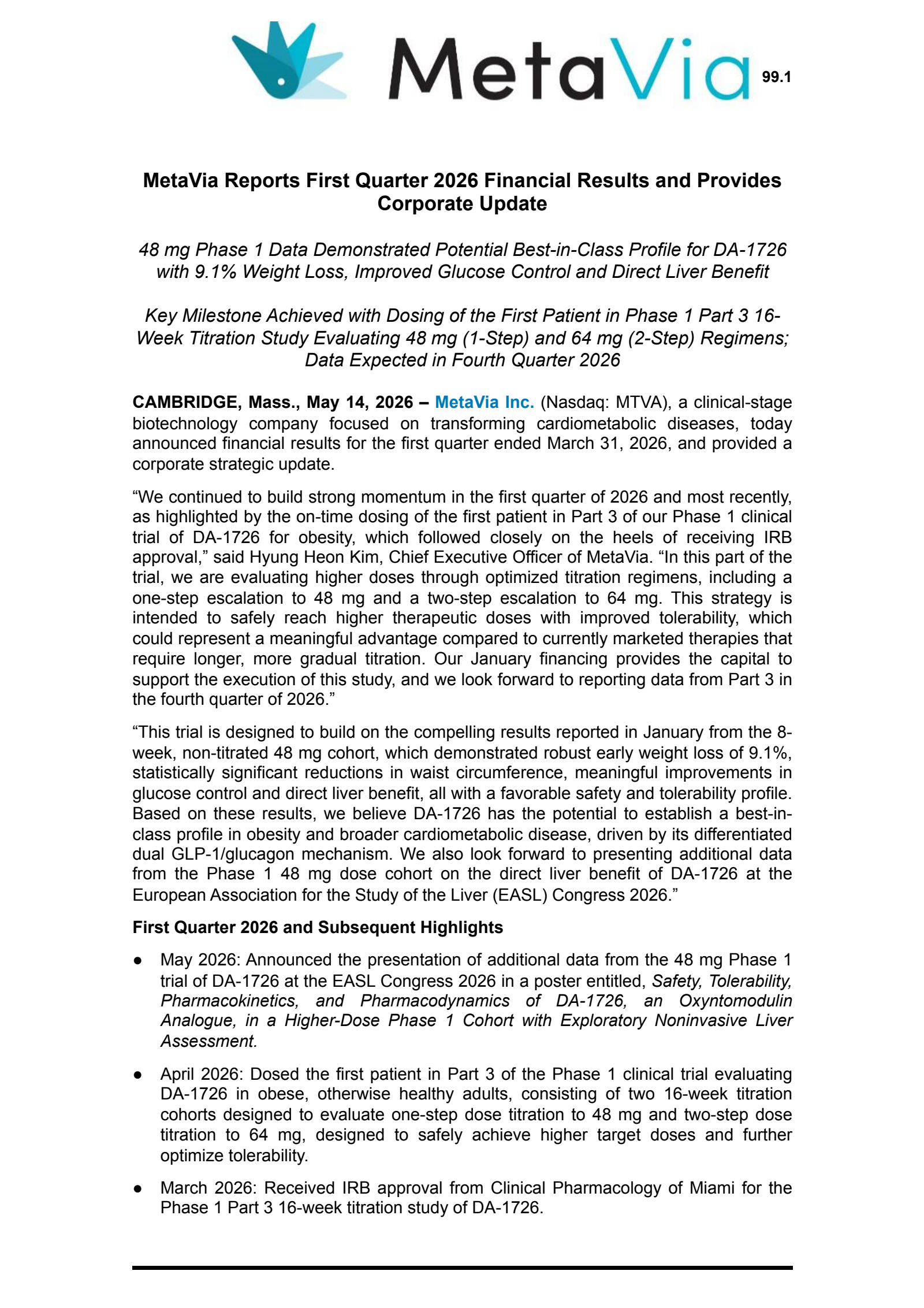 MetaVia's Q1 2026 Press Release