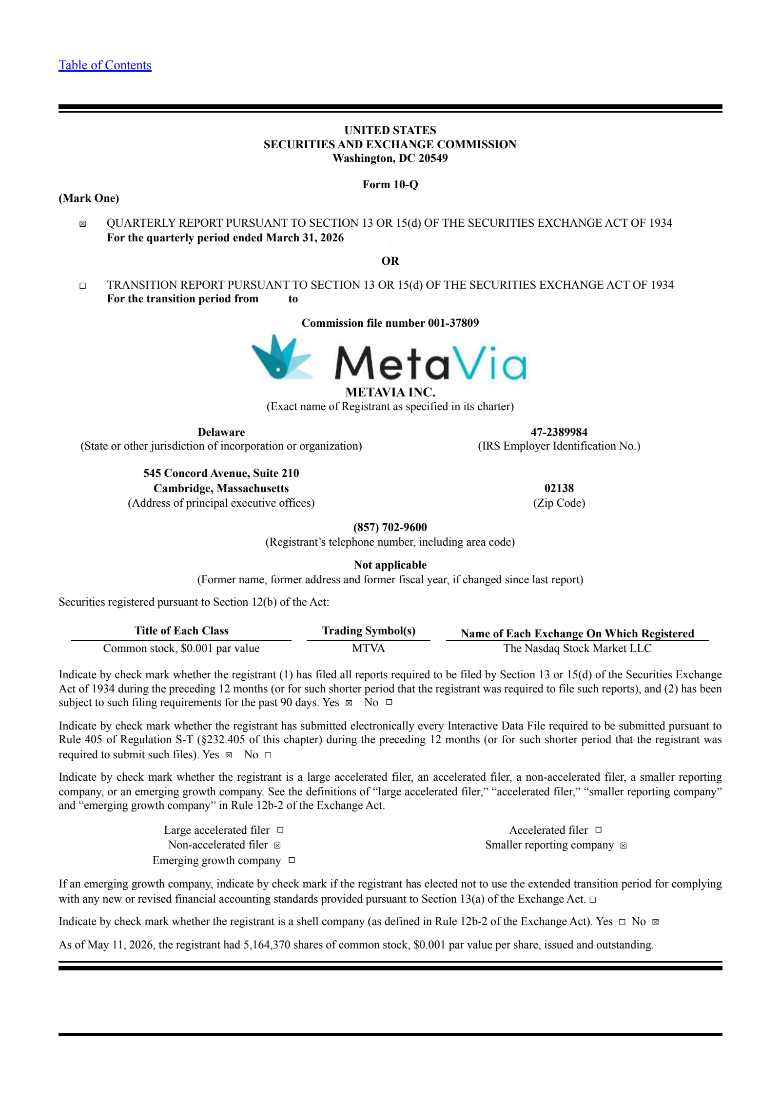 MetaVia's Q1 2026 Quarterly report