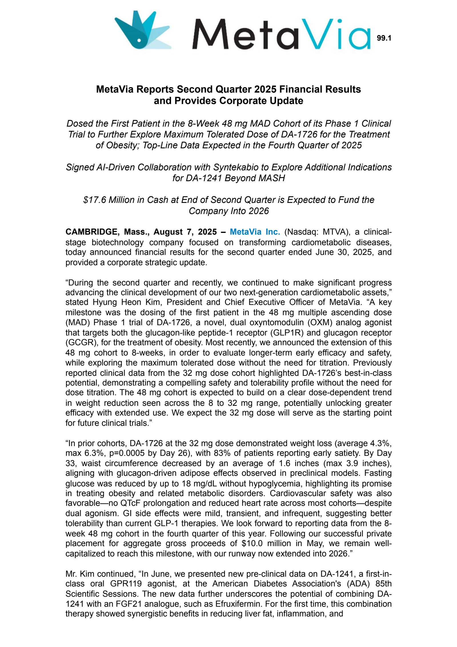 MetaVia's Q2 2025 Press Release