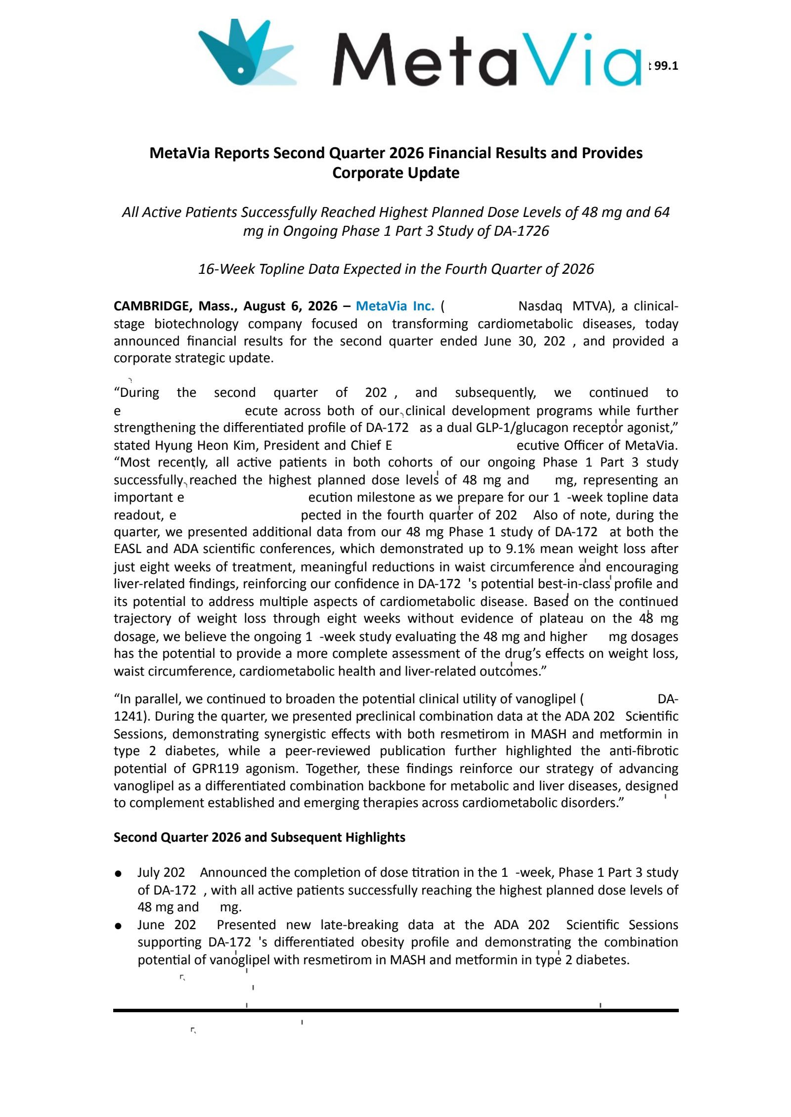 MetaVia's Q2 2026 Press Release
