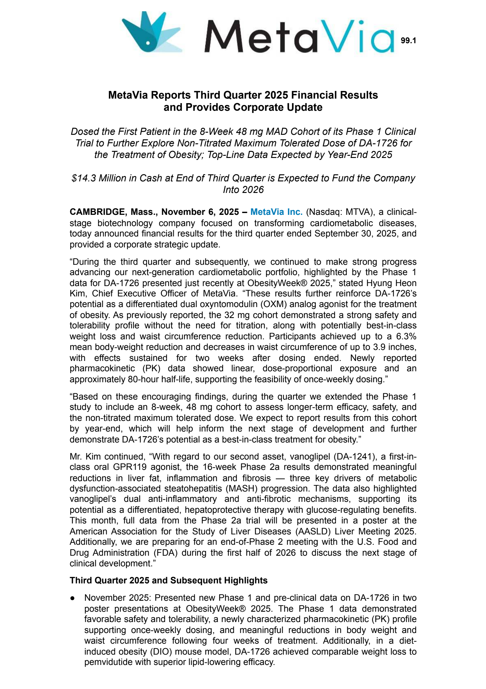 MetaVia's Q3 2025 Earnings Release