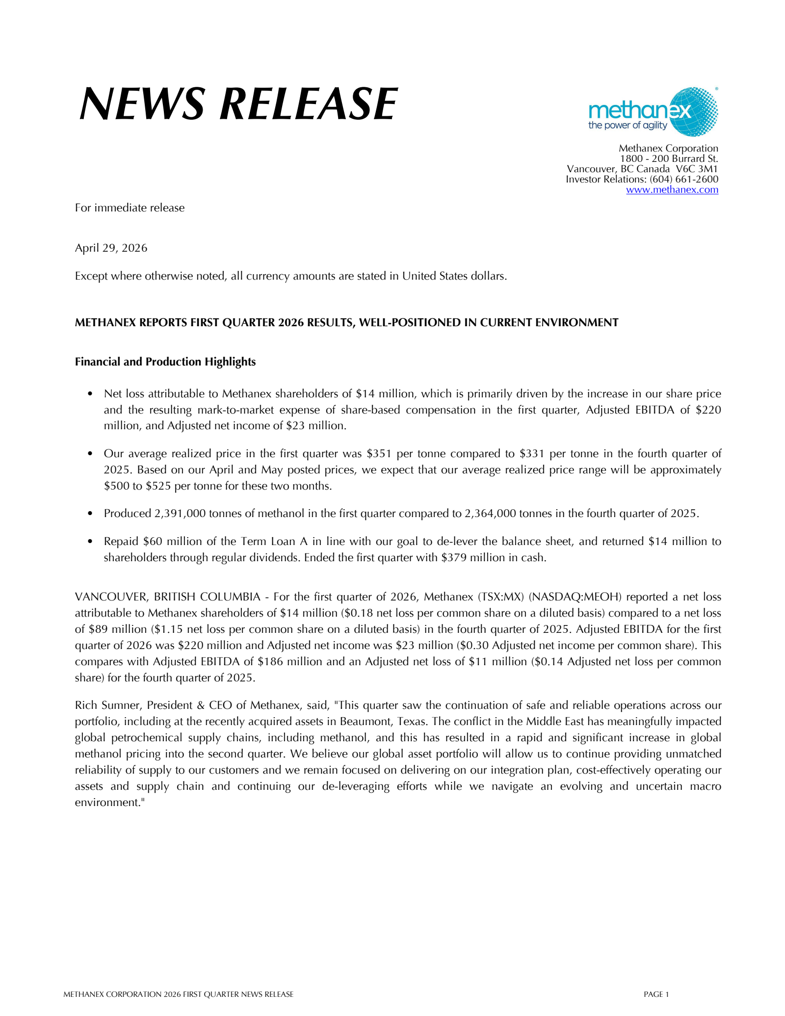 Methanex's Q1 2026 Press Release