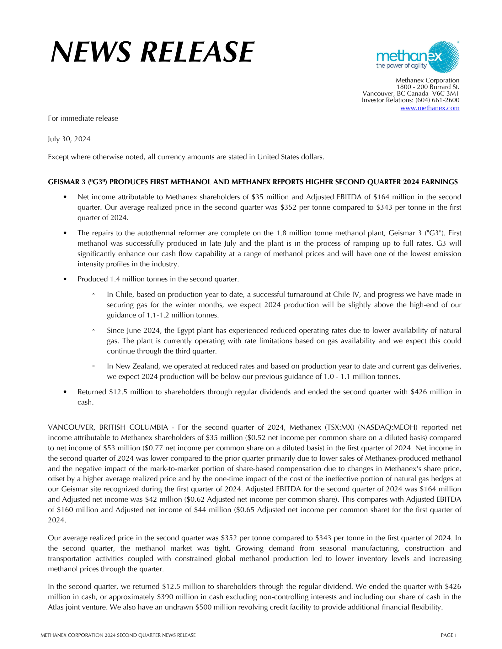 Methanex's Q2 2024 Press Release
