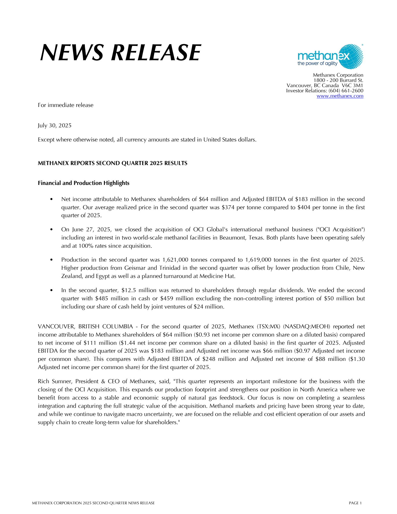 Methanex's Q2 2025 Press Release
