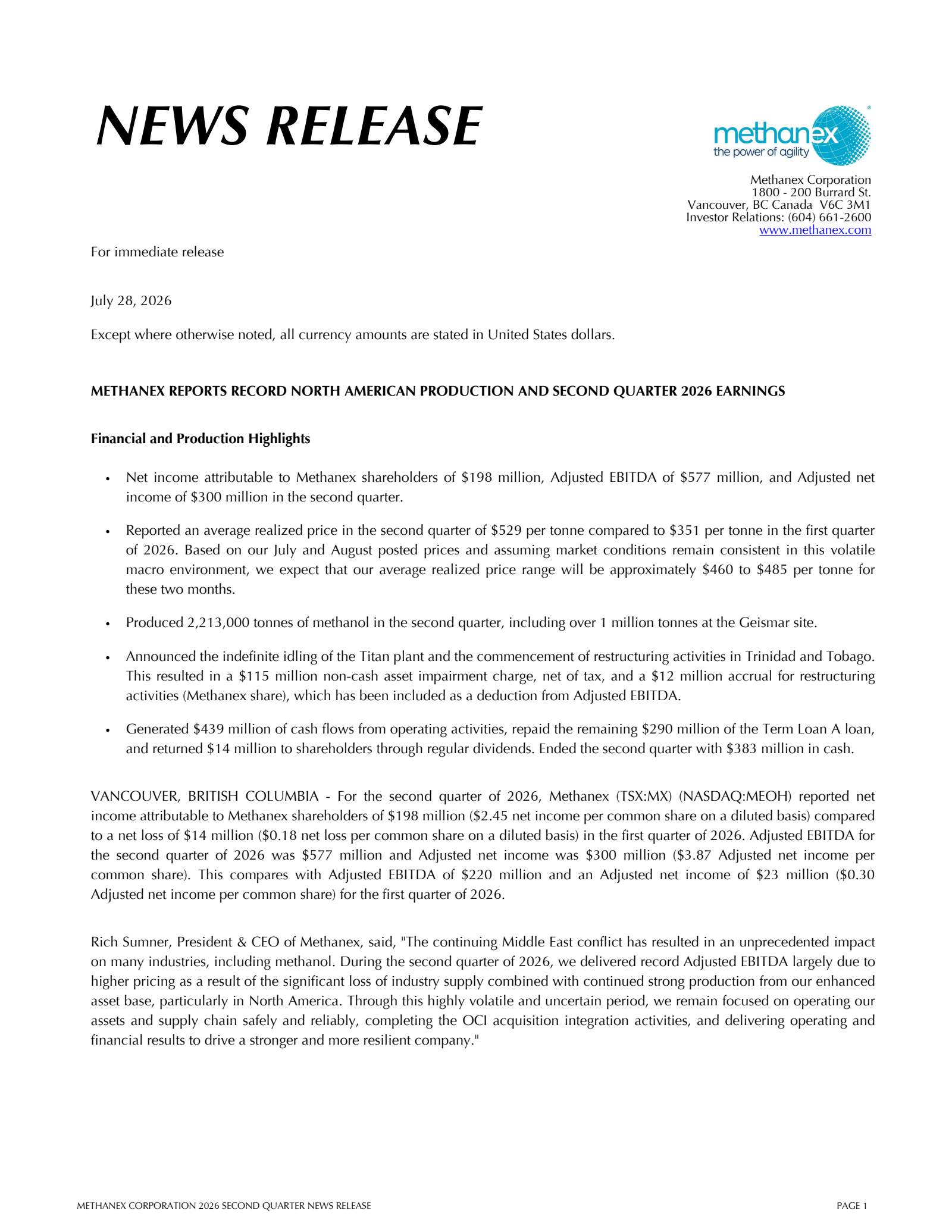 Methanex's Q2 2026 Press Release