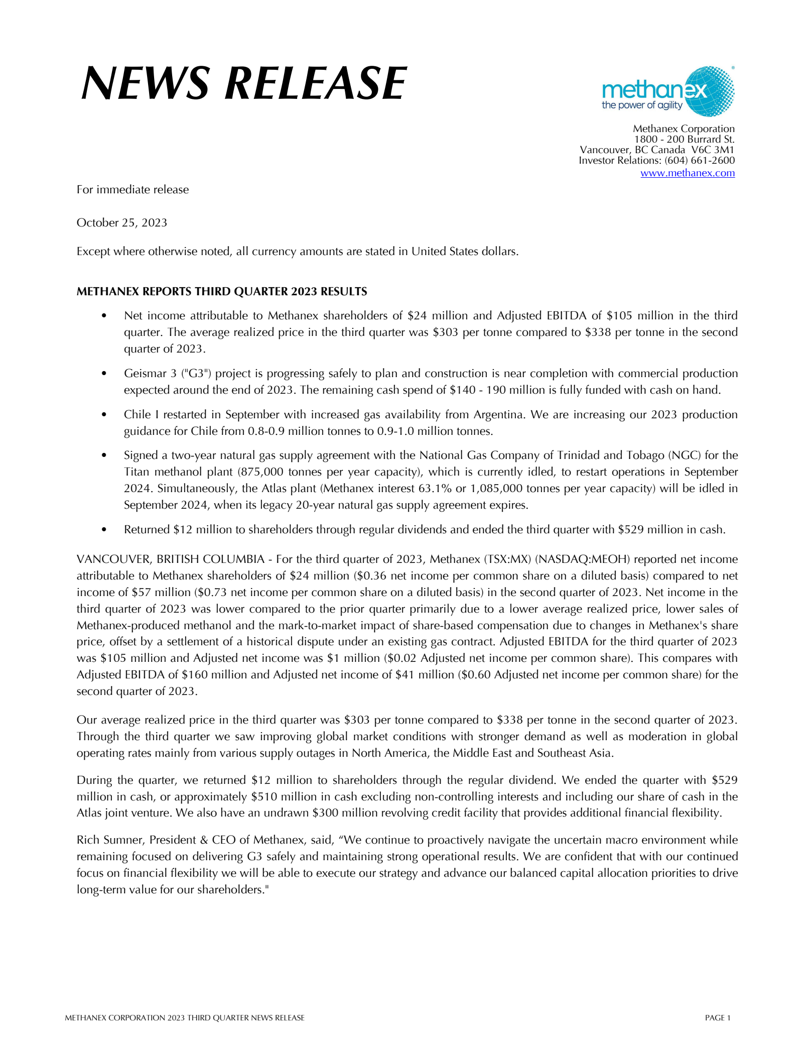 Methanex's Q3 2023 Interim report