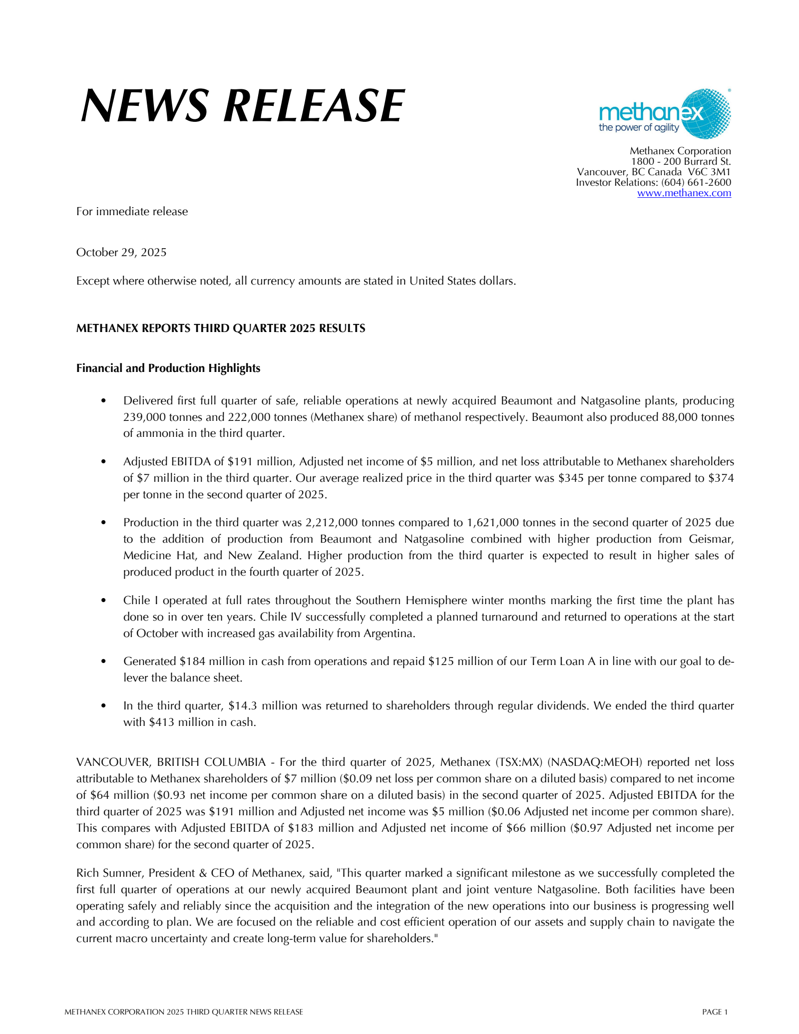 Methanex's Q3 2025 Earnings Release