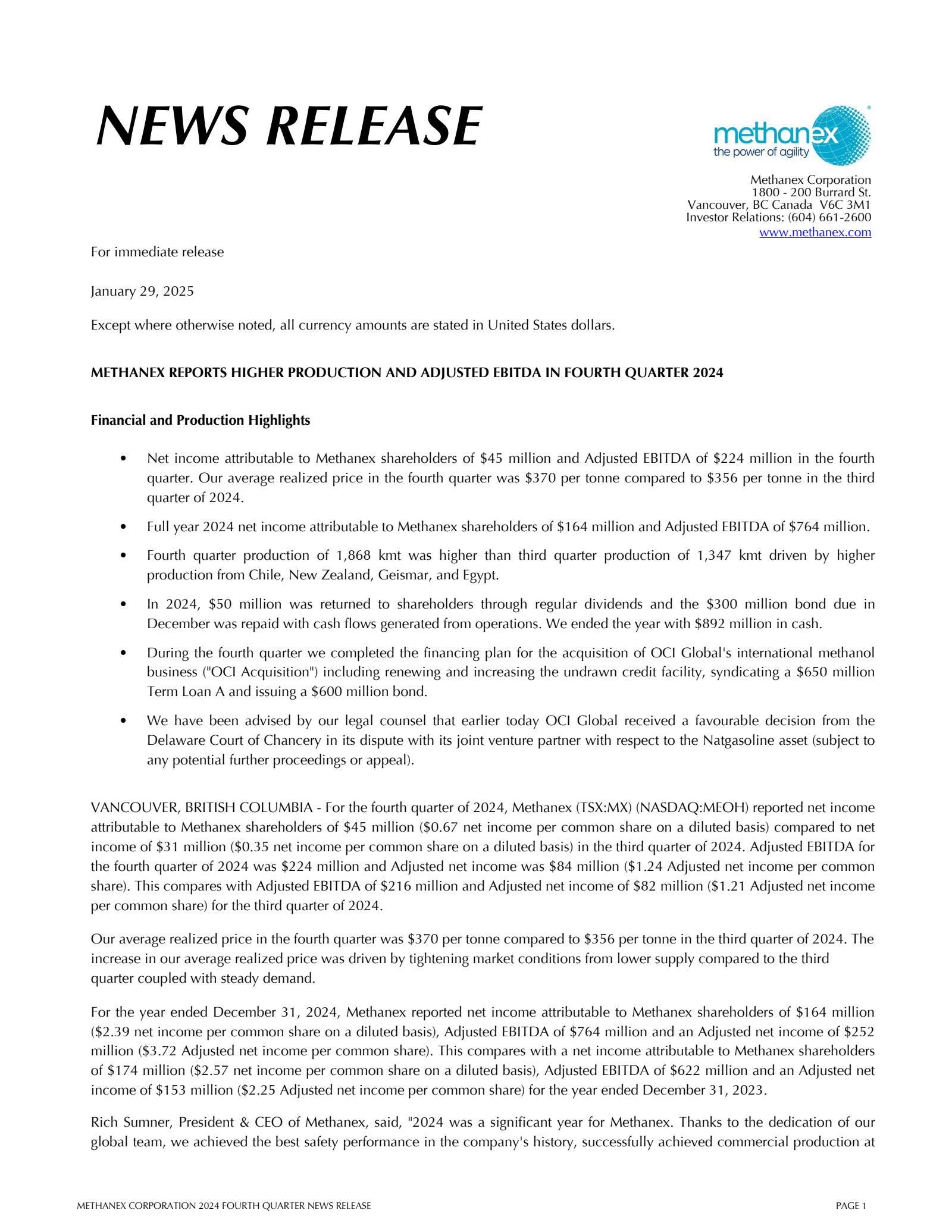 Methanex's Q4 2024 Press Release