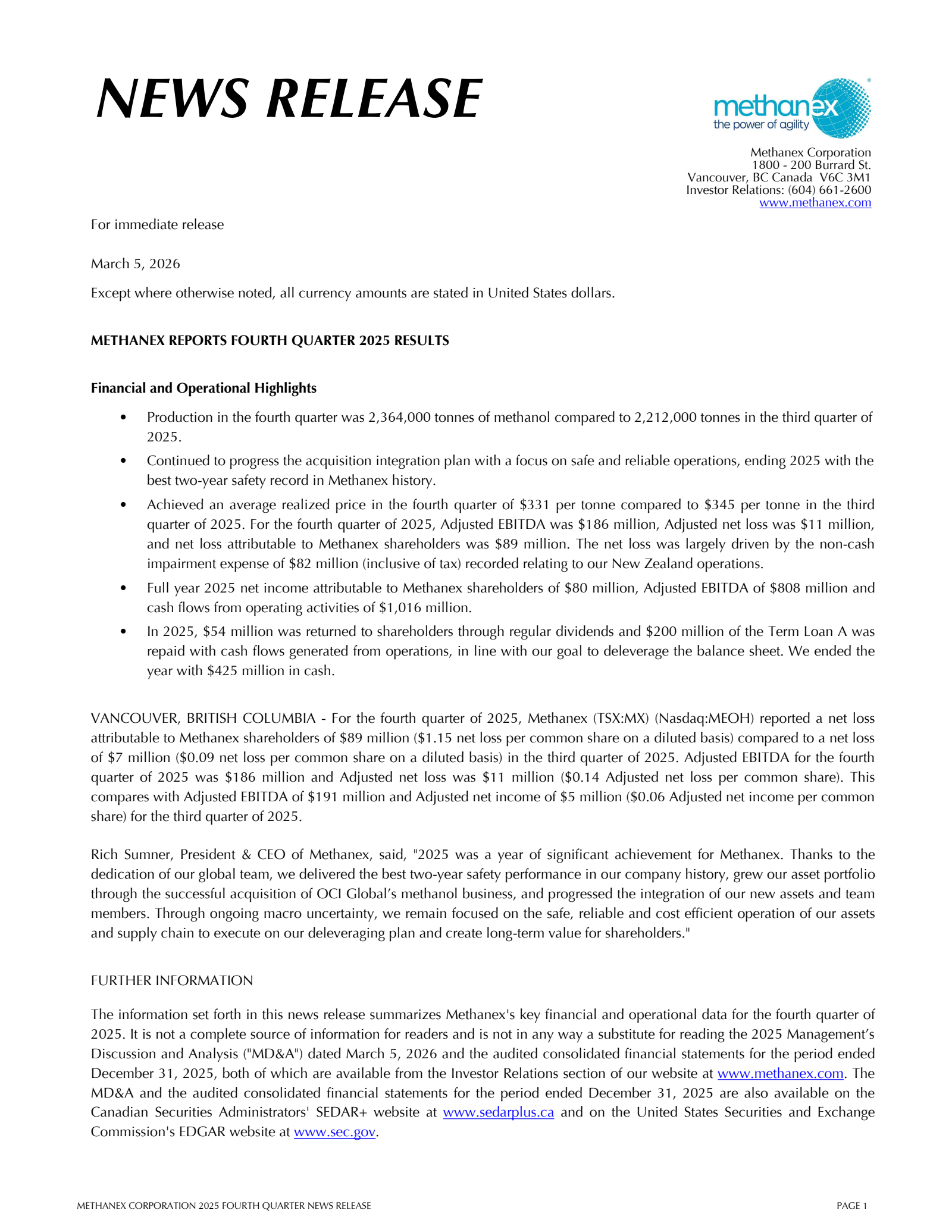 Methanex's Q4 2025 Press Release