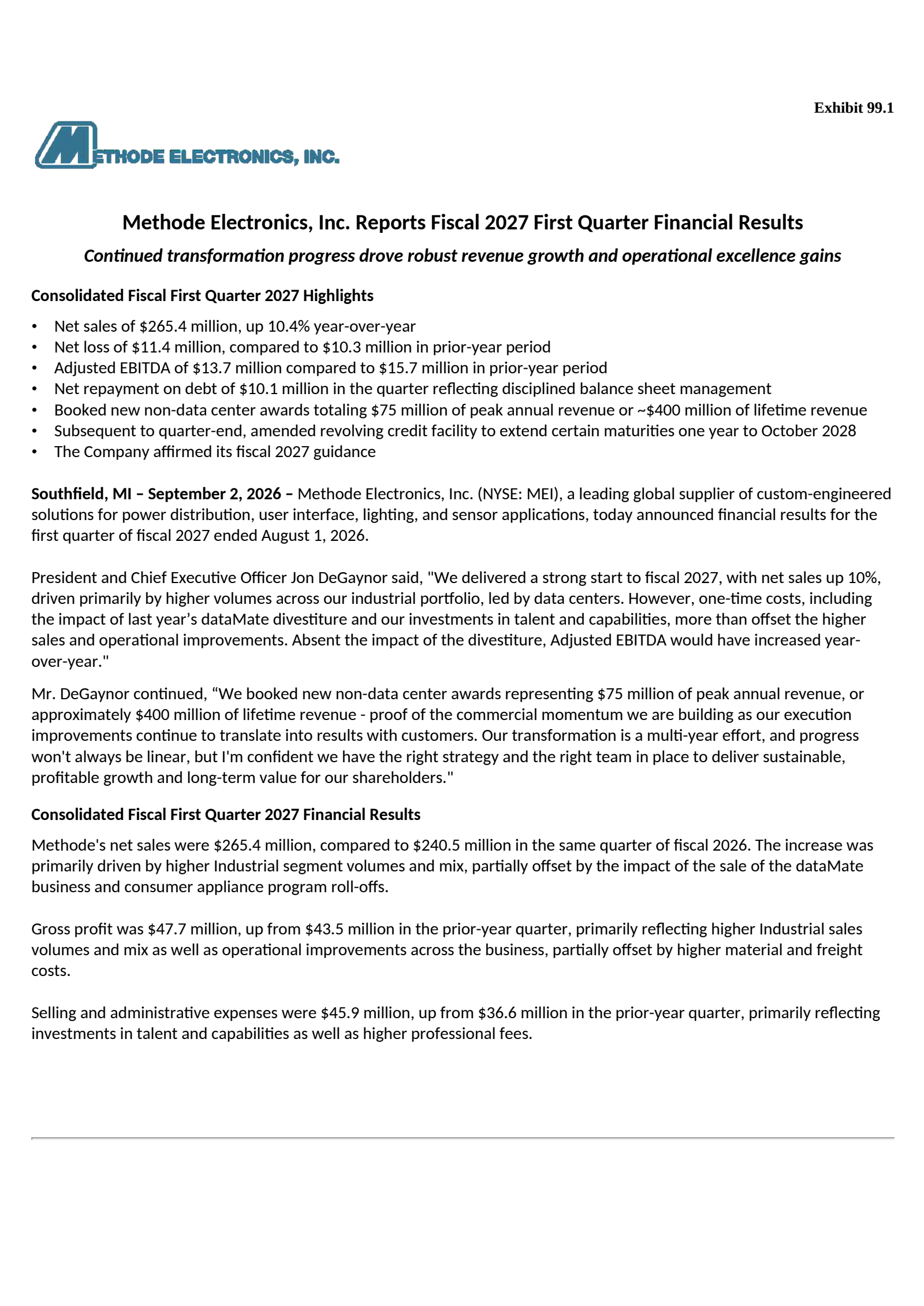 Methode Electronics' Q1 2027 Press Release