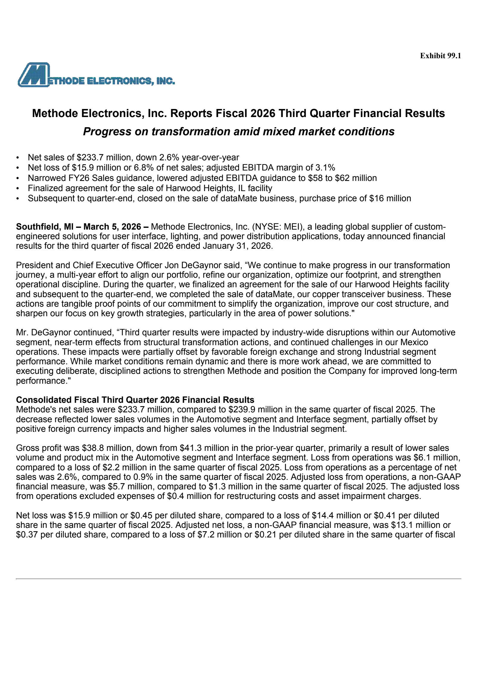 Methode Electronics' Q3 2026 Press Release