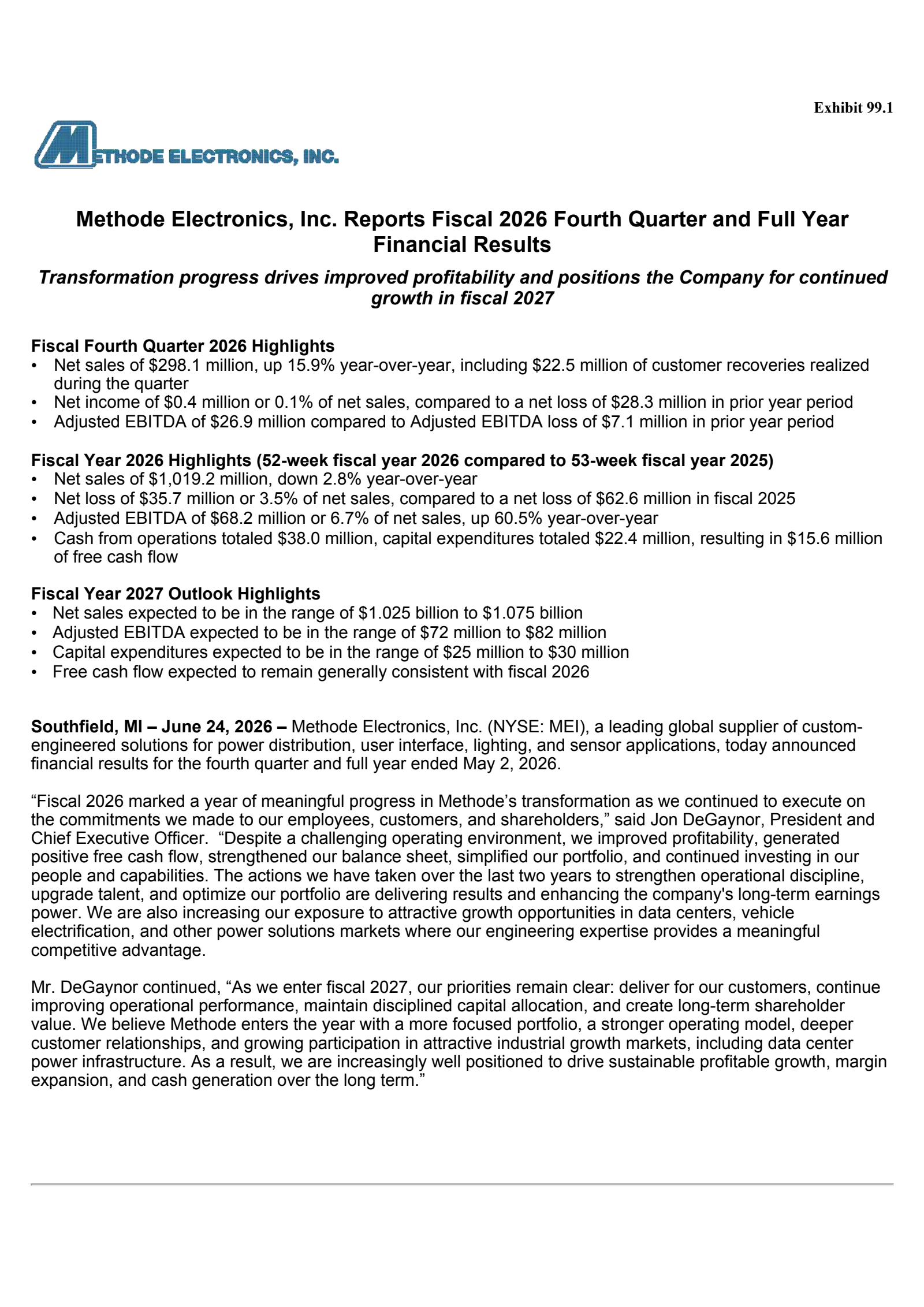 Methode Electronics' Q4 2026 Press Release