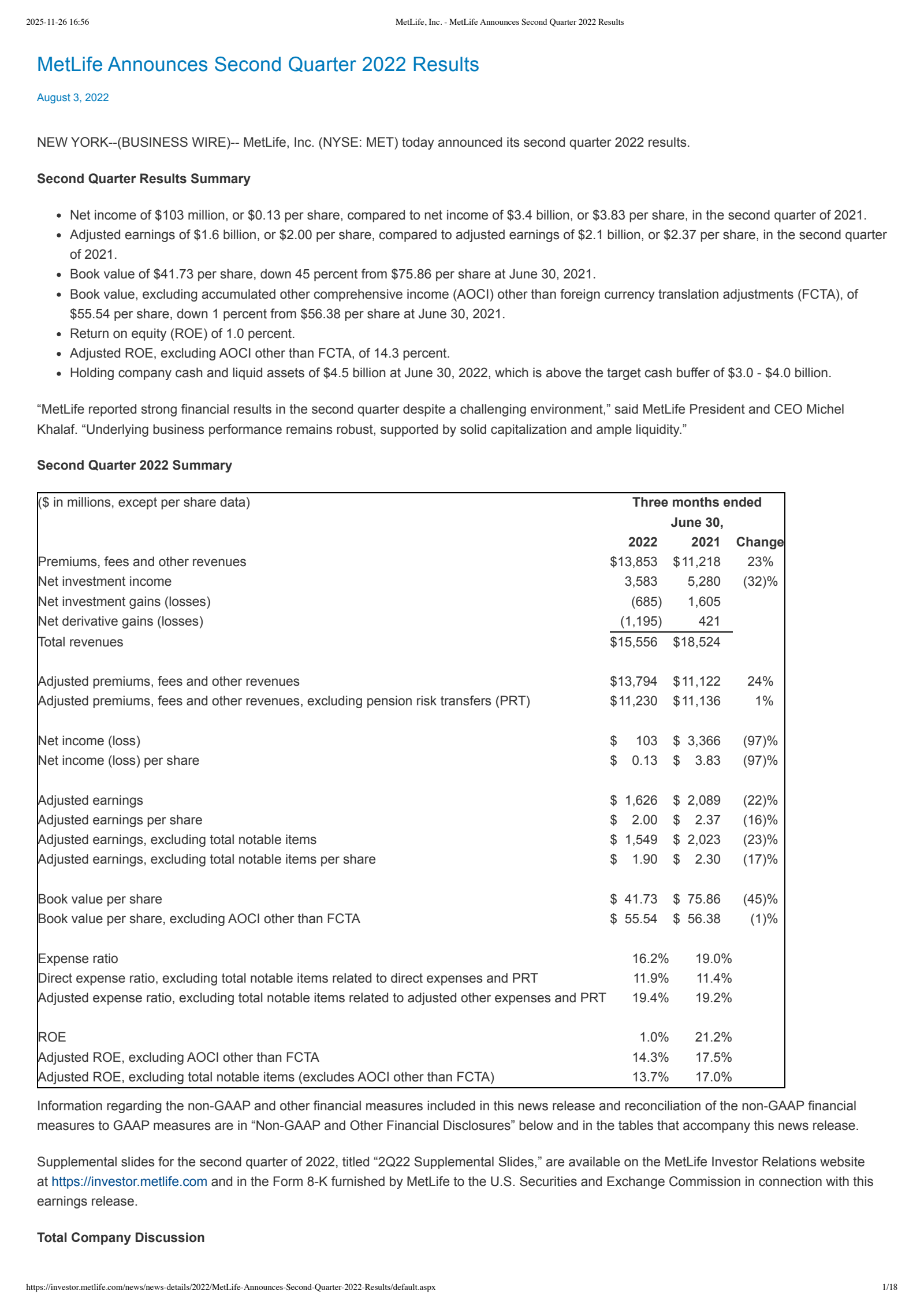 MetLife's Q2 2022 Earnings Release