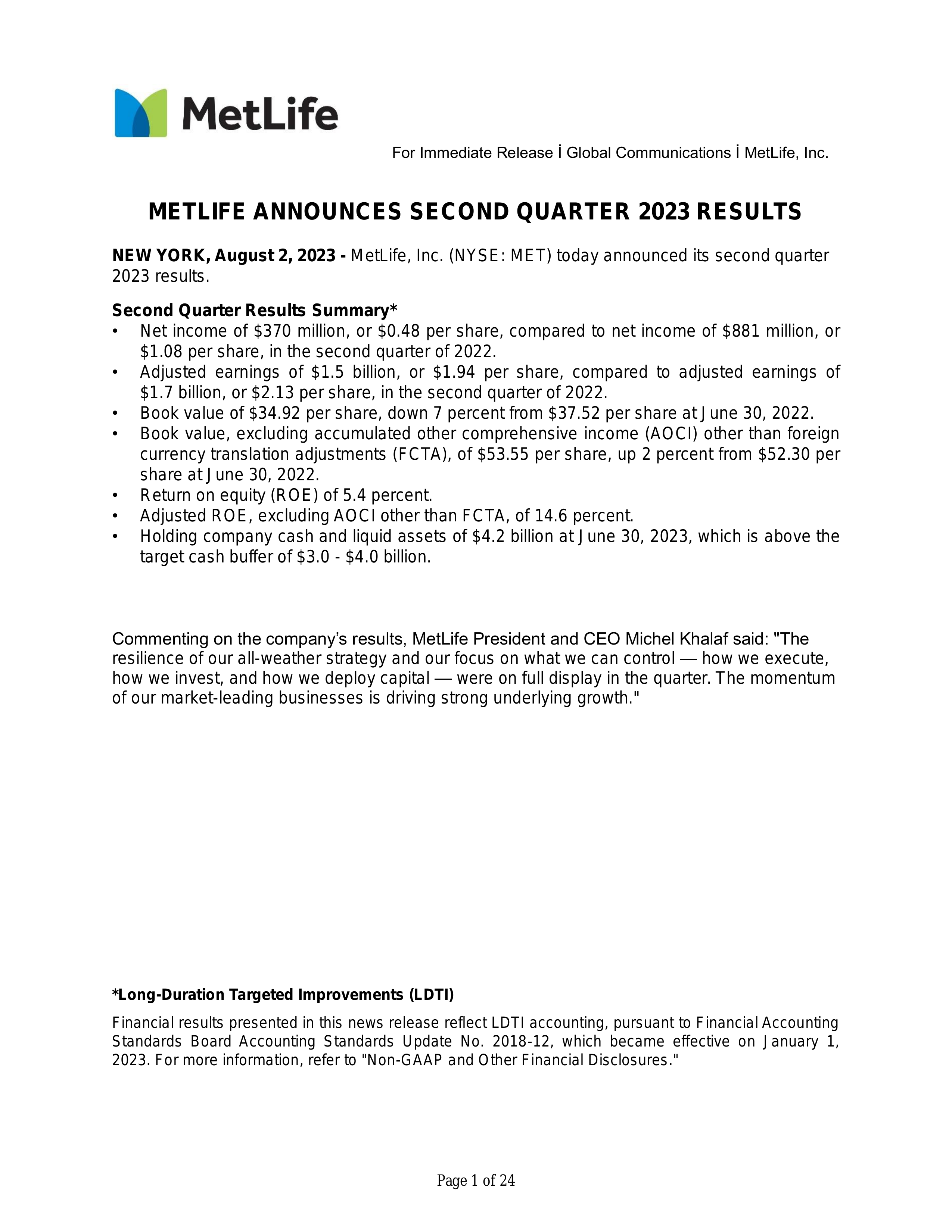 MetLife's Q2 2023 Press Release
