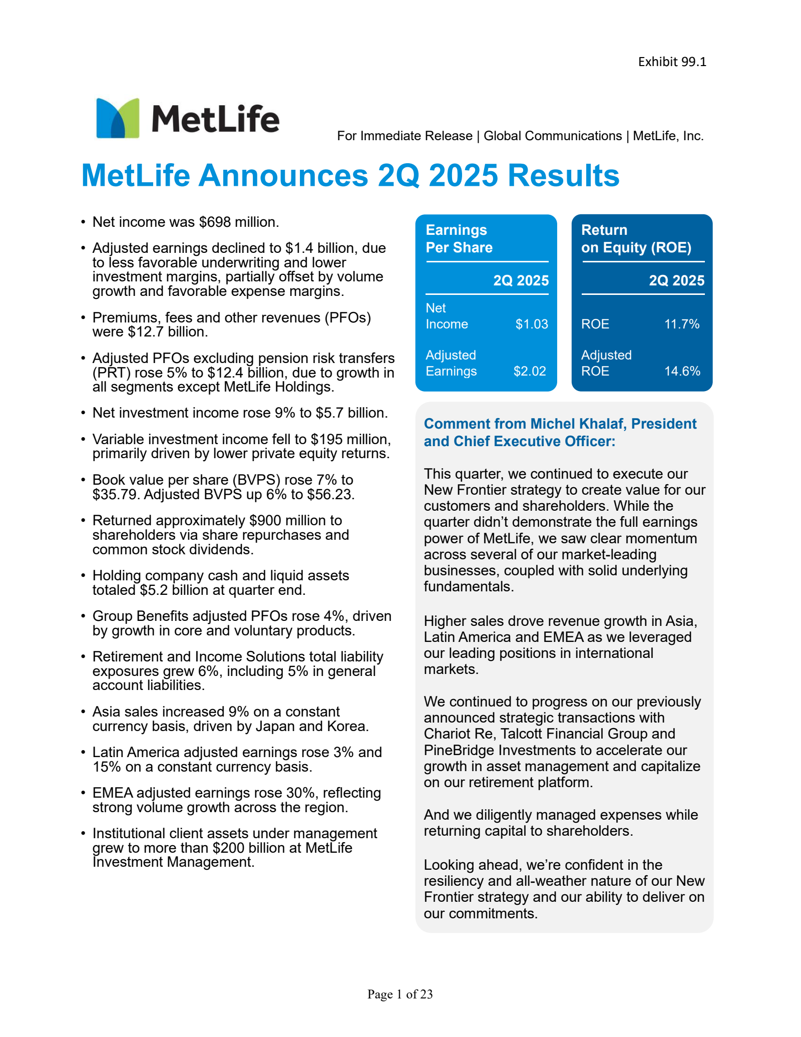 MetLife's Q2 2025 Press Release