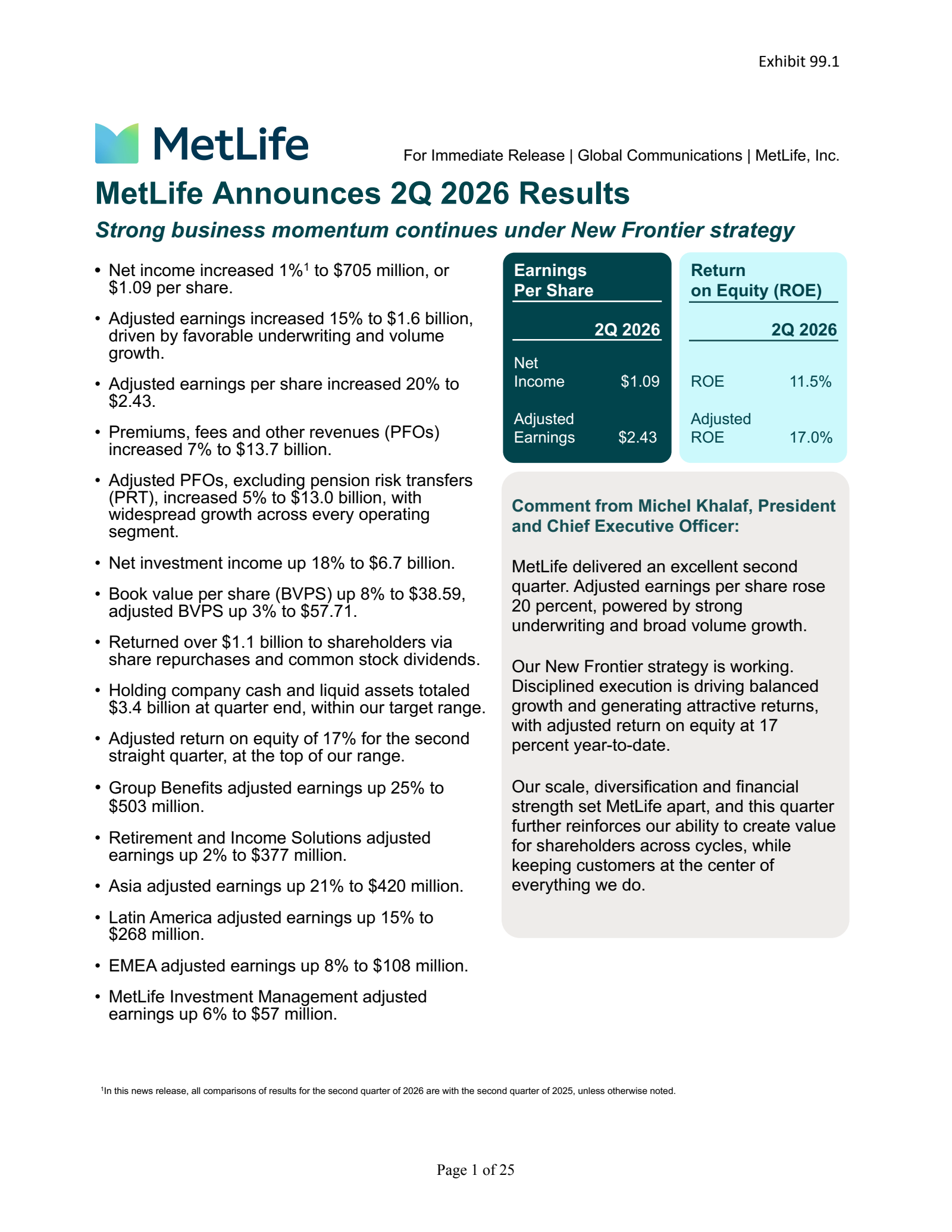 MetLife's Q2 2026 Press Release