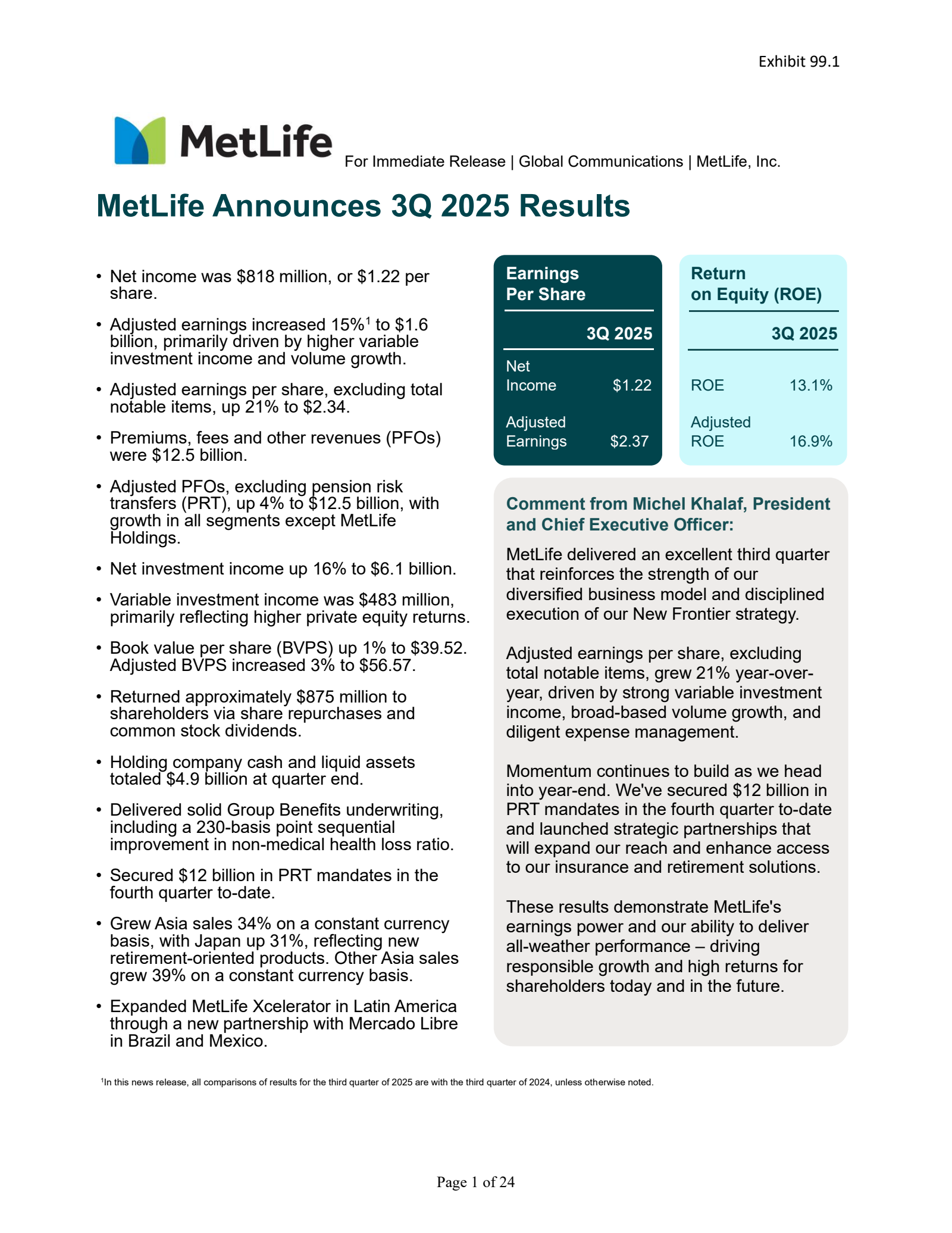 MetLife's Q3 2025 Earnings Release