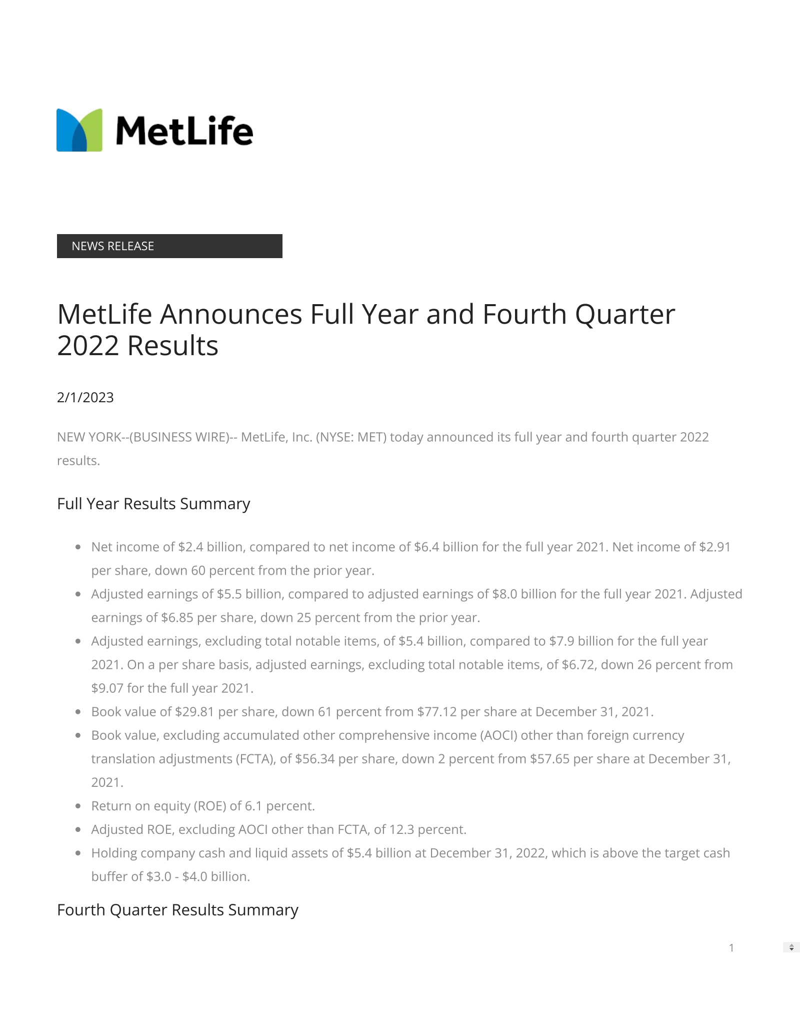 MetLife's Q4 2022 Earnings Release