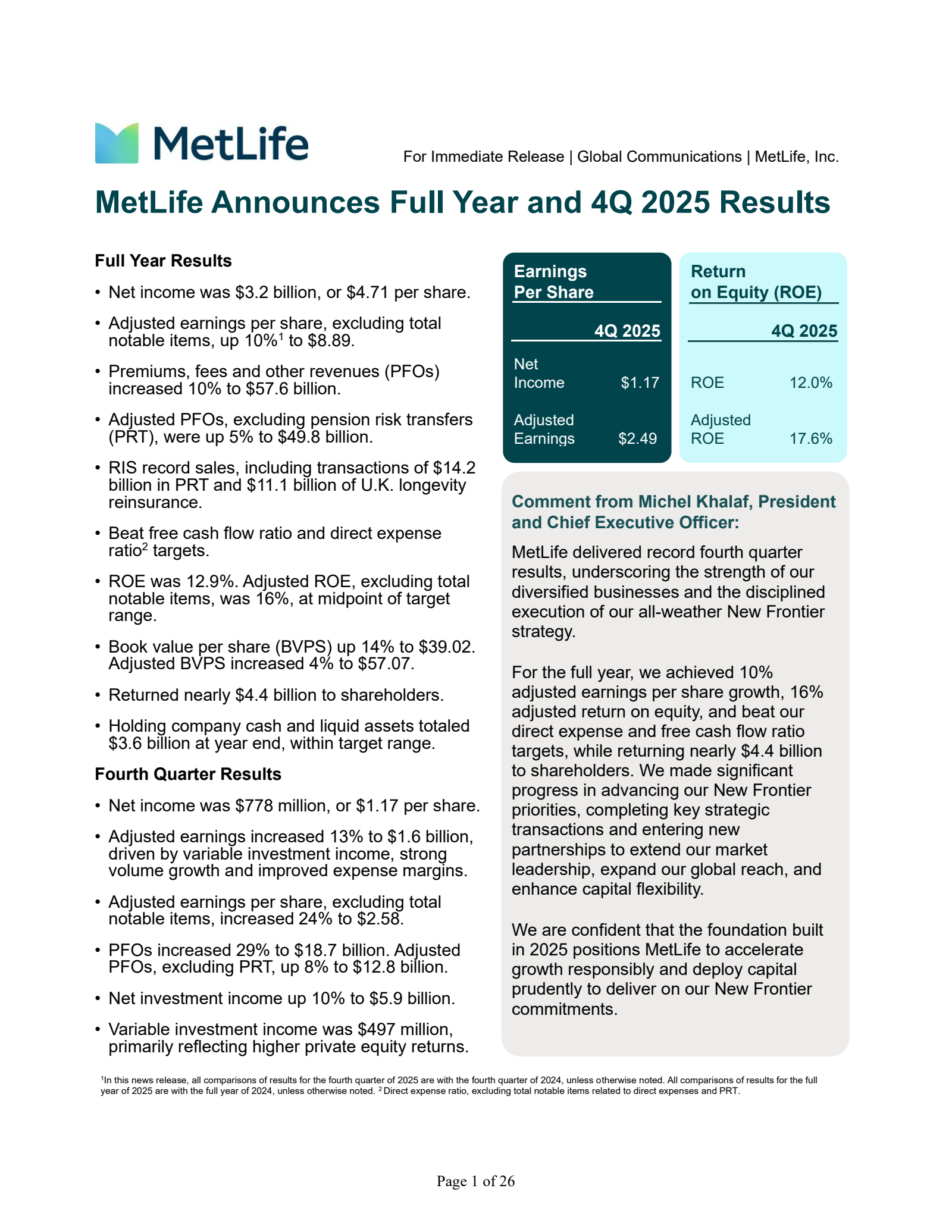 MetLife's Q4 2025 Press Release