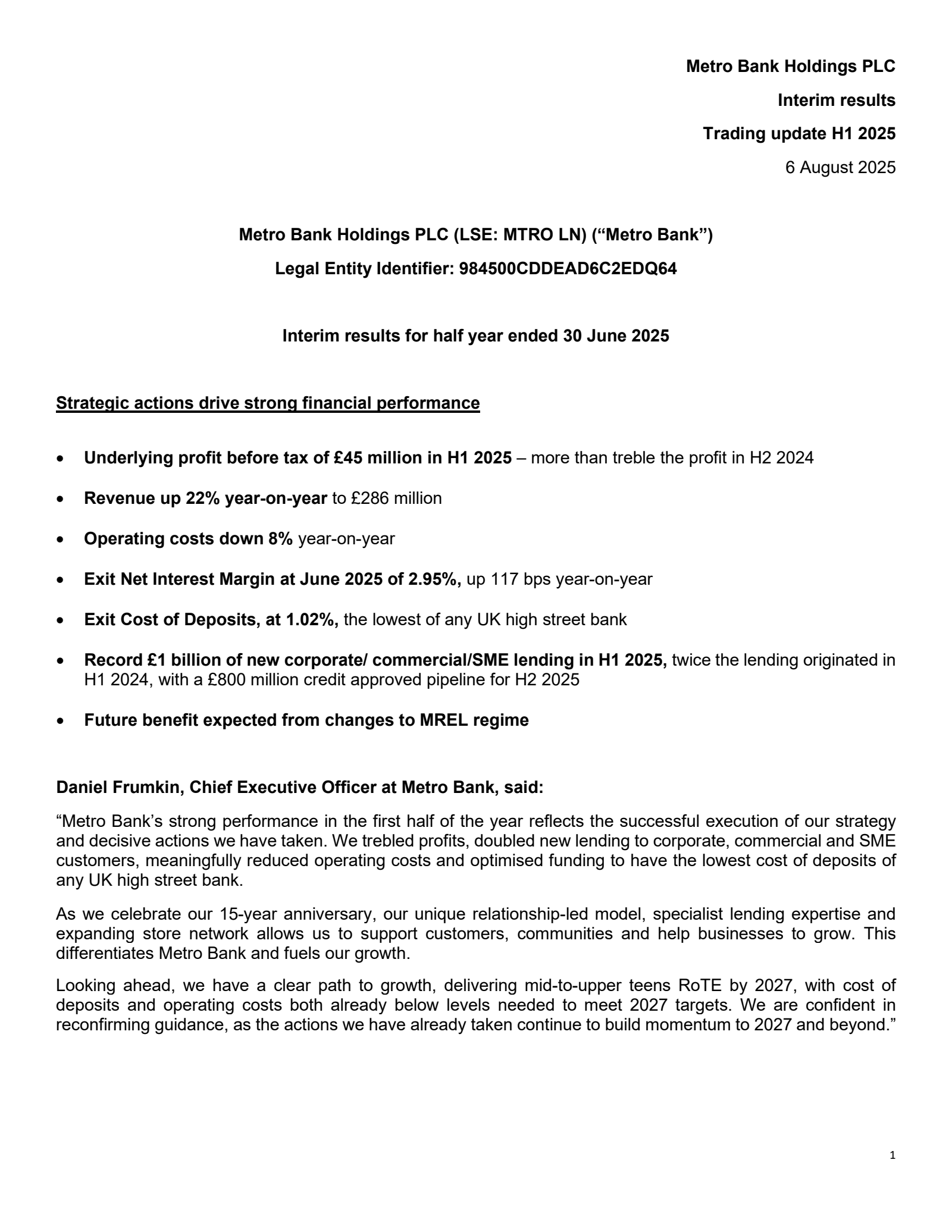 Metro Bank's H1 2025 Press Release
