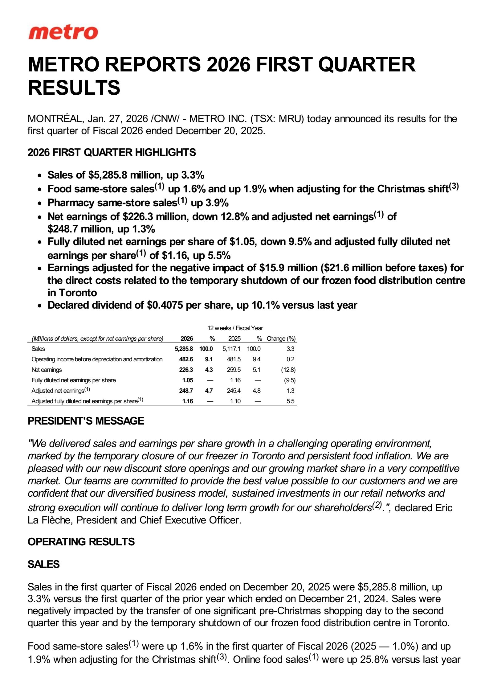 Metro's Q1 2026 Press Release