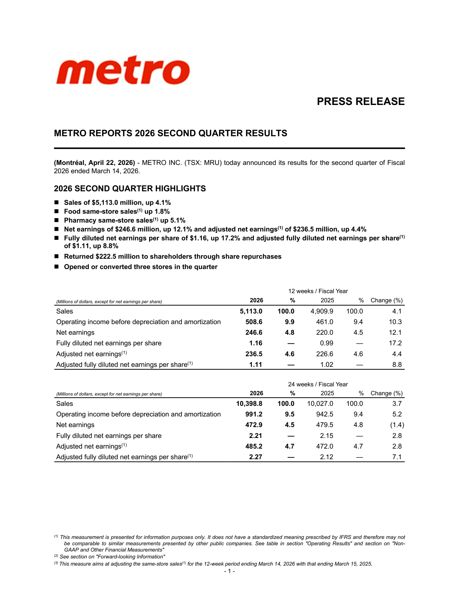 Metro's Q2 2026 Press Release