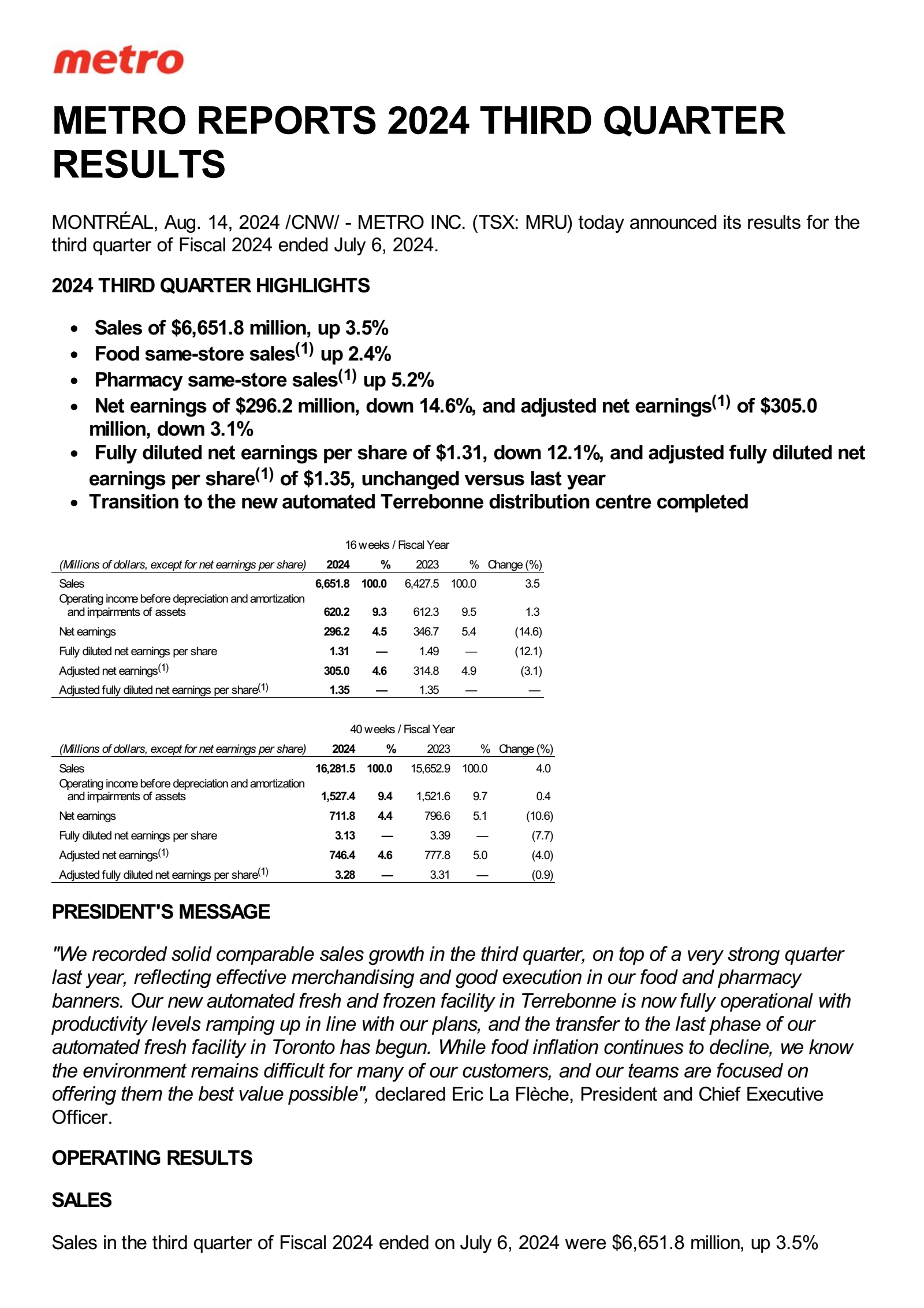 Metro's Q3 2024 Press Release