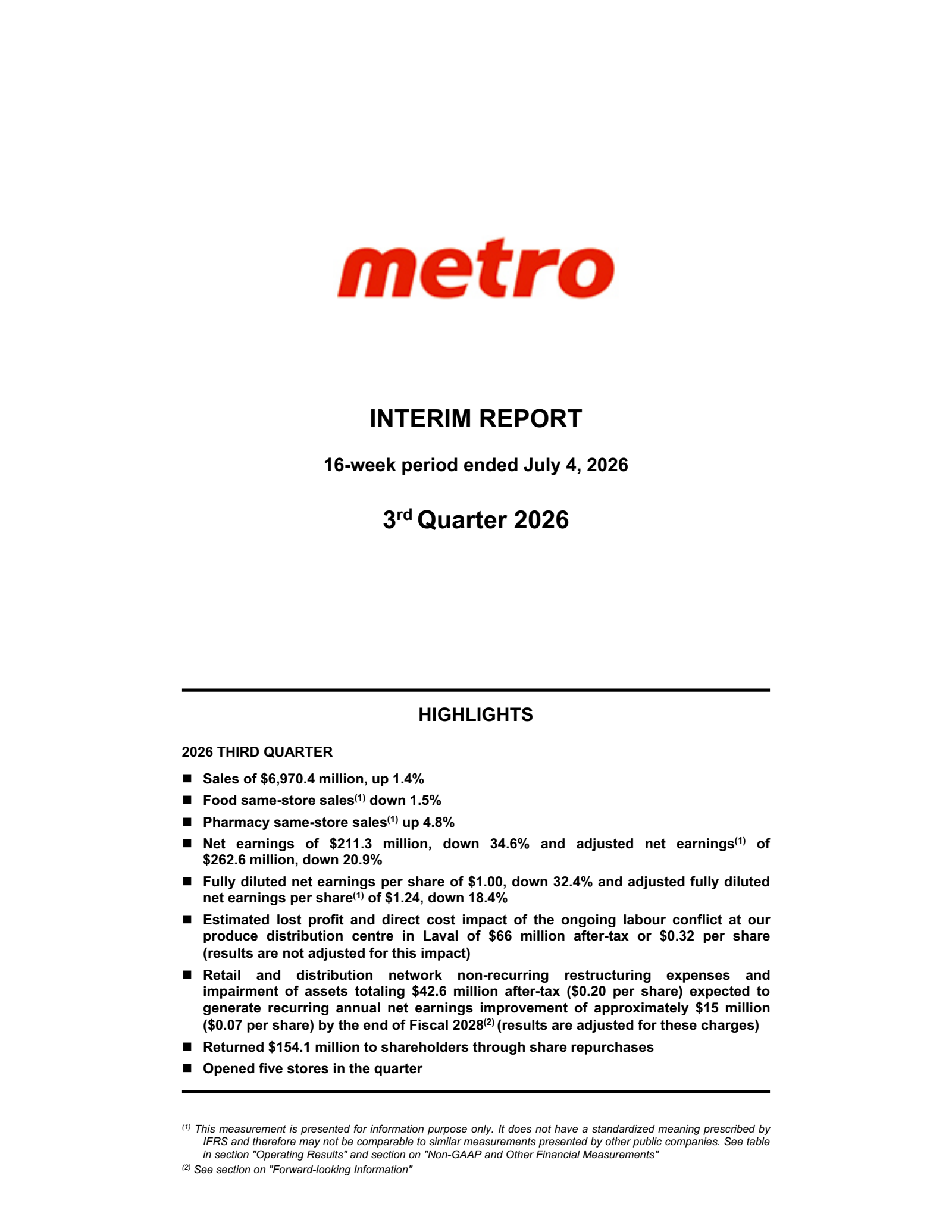 Metro's Q3 2026 Interim report