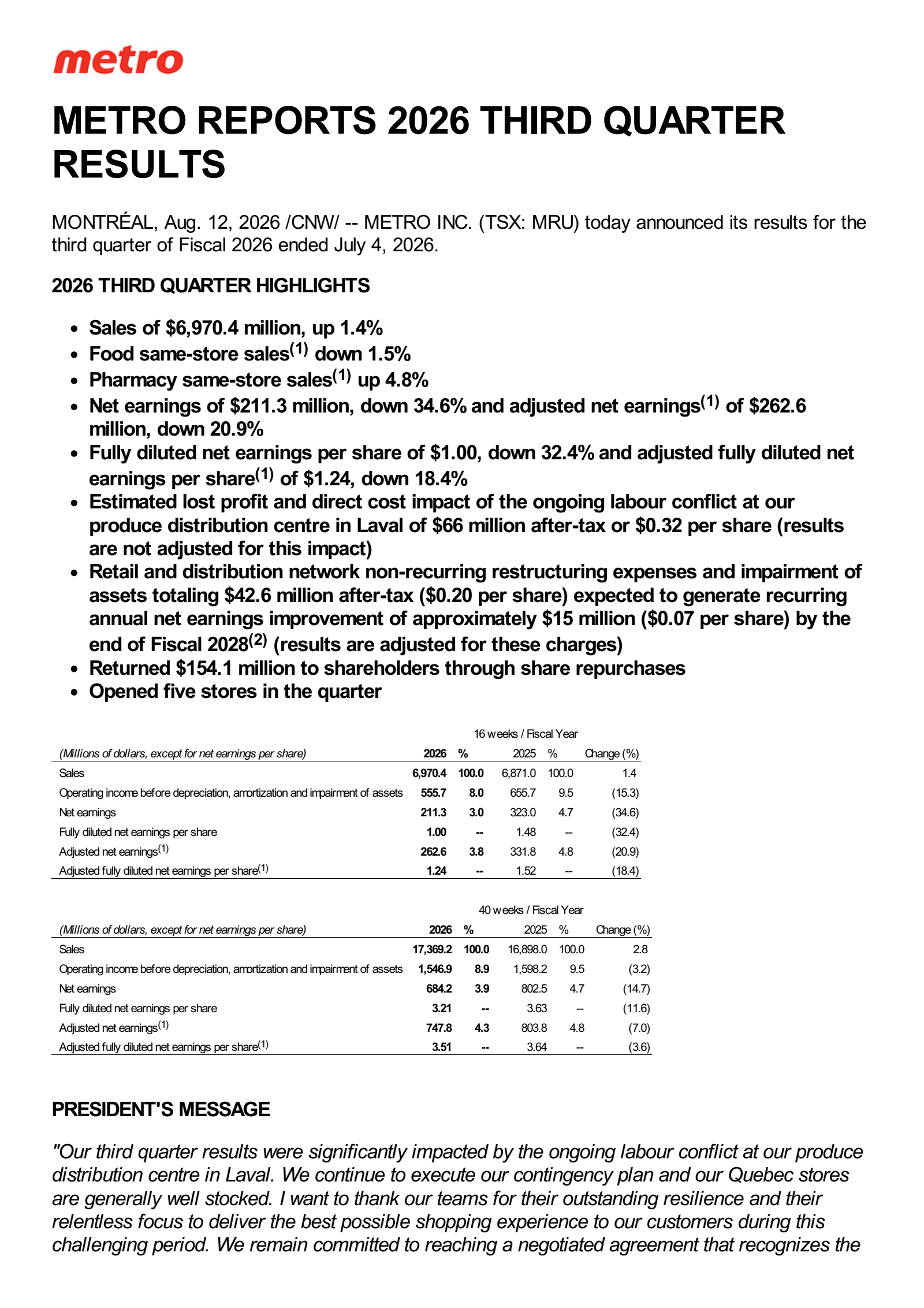 Metro's Q3 2026 Press Release
