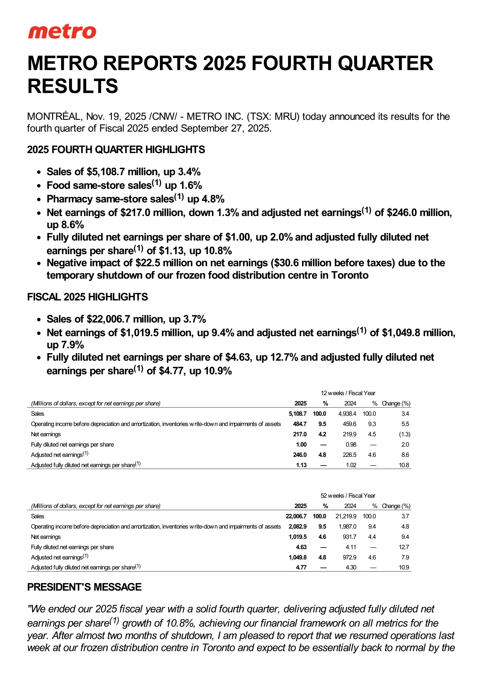 Metro's Q4 2025 Press Release