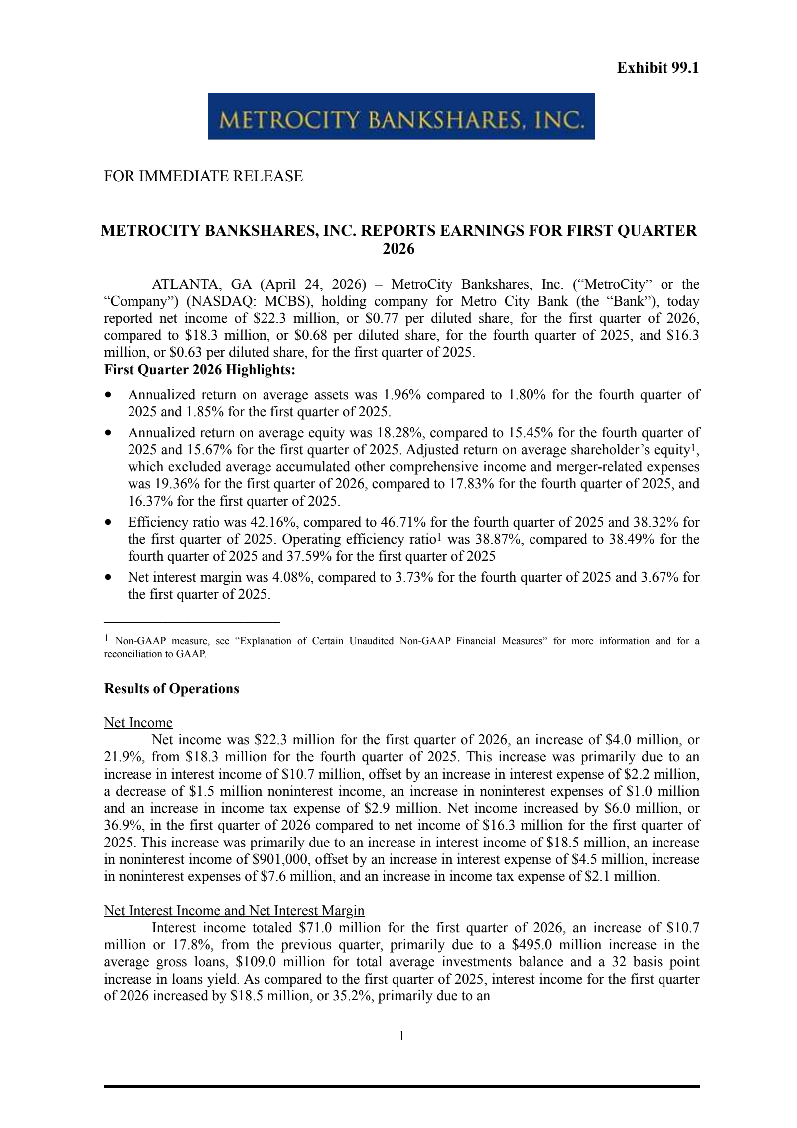 MetroCity Bankshares' Q1 2026 Press Release