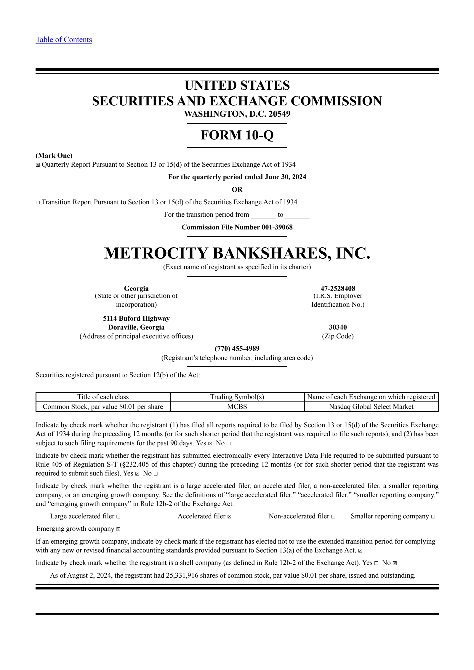 MetroCity Bankshares' Q2 2024 Quarterly report