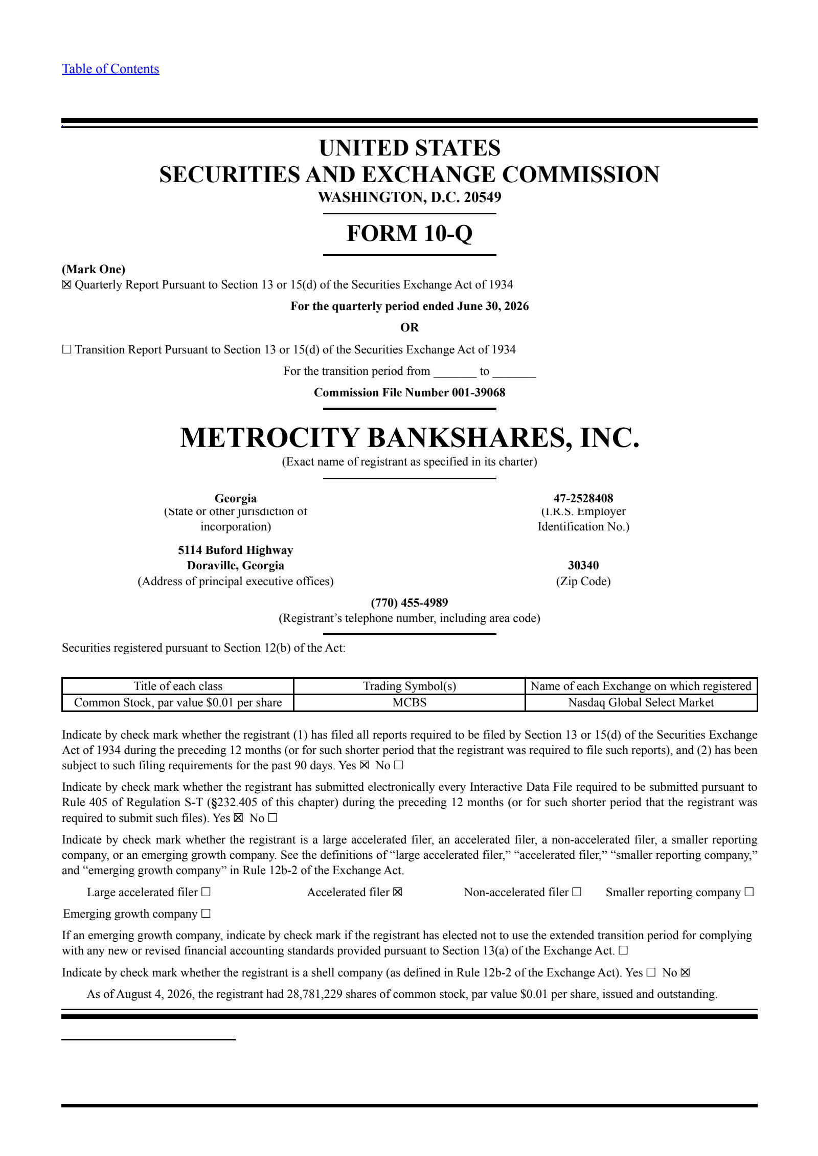MetroCity Bankshares' Q2 2026 Quarterly report