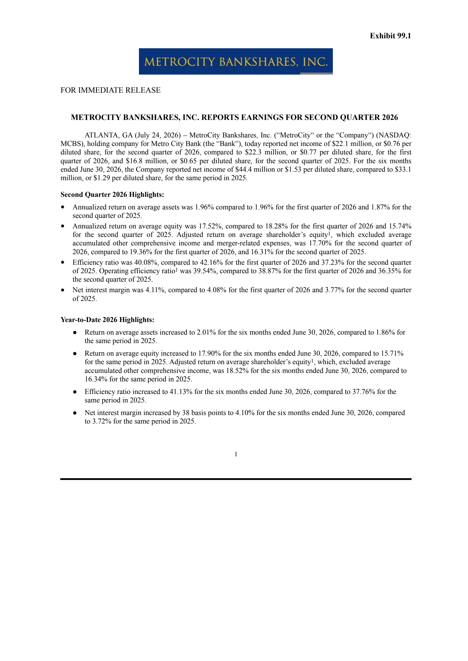 MetroCity Bankshares' Q2 2026 Press Release
