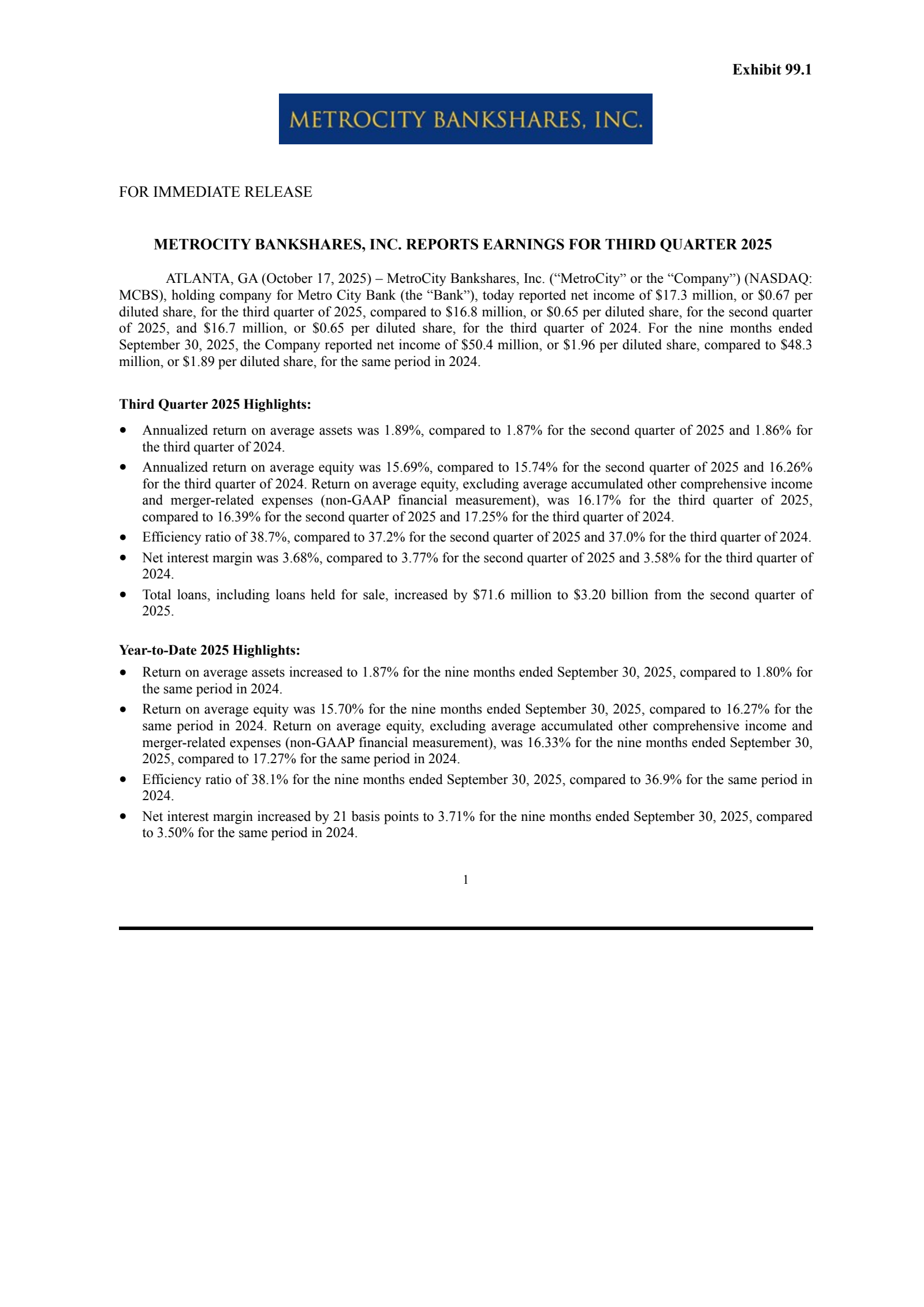 MetroCity Bankshares' Q3 2025 Earnings Release