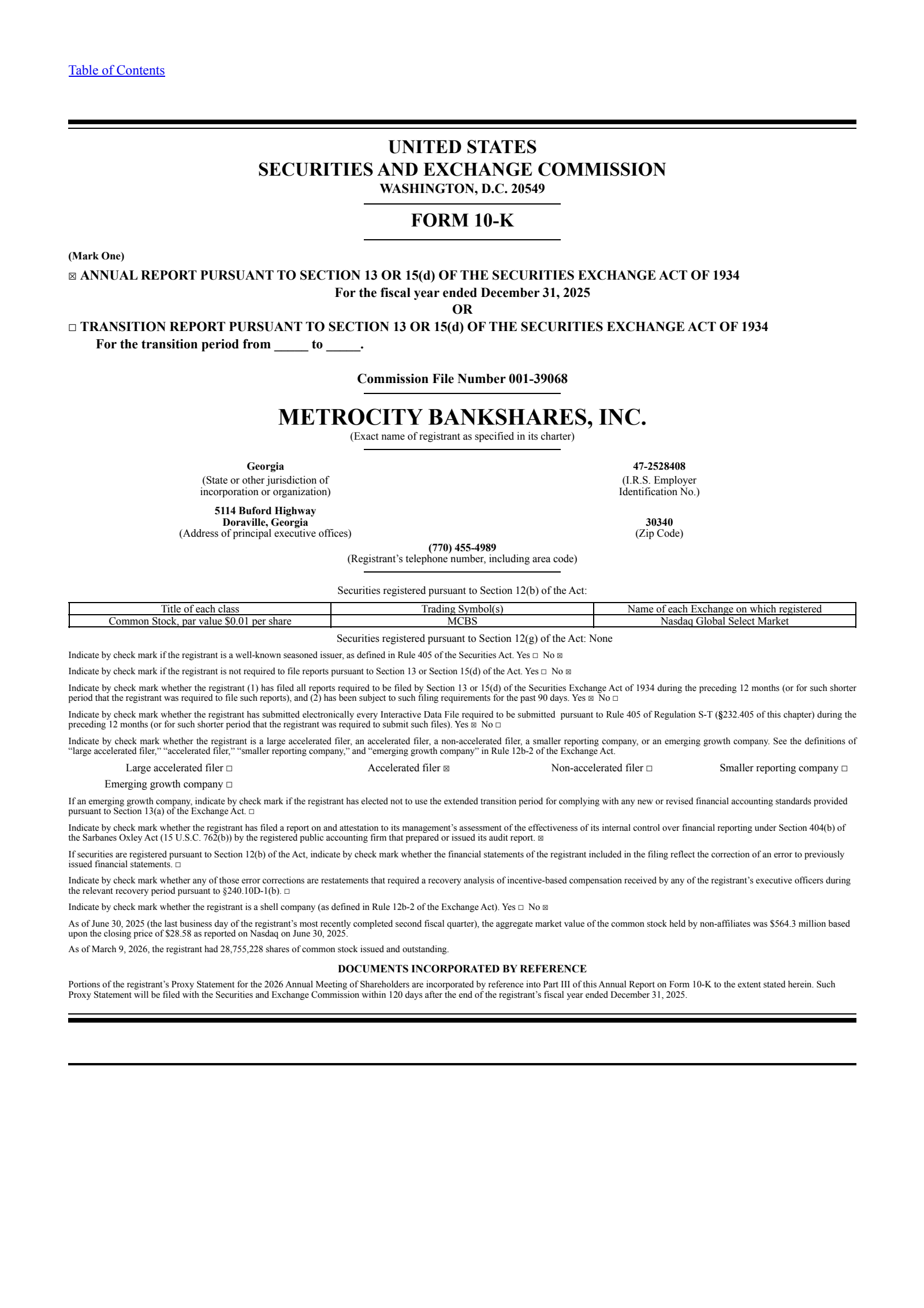 MetroCity Bankshares' Q4 2025 Annual report