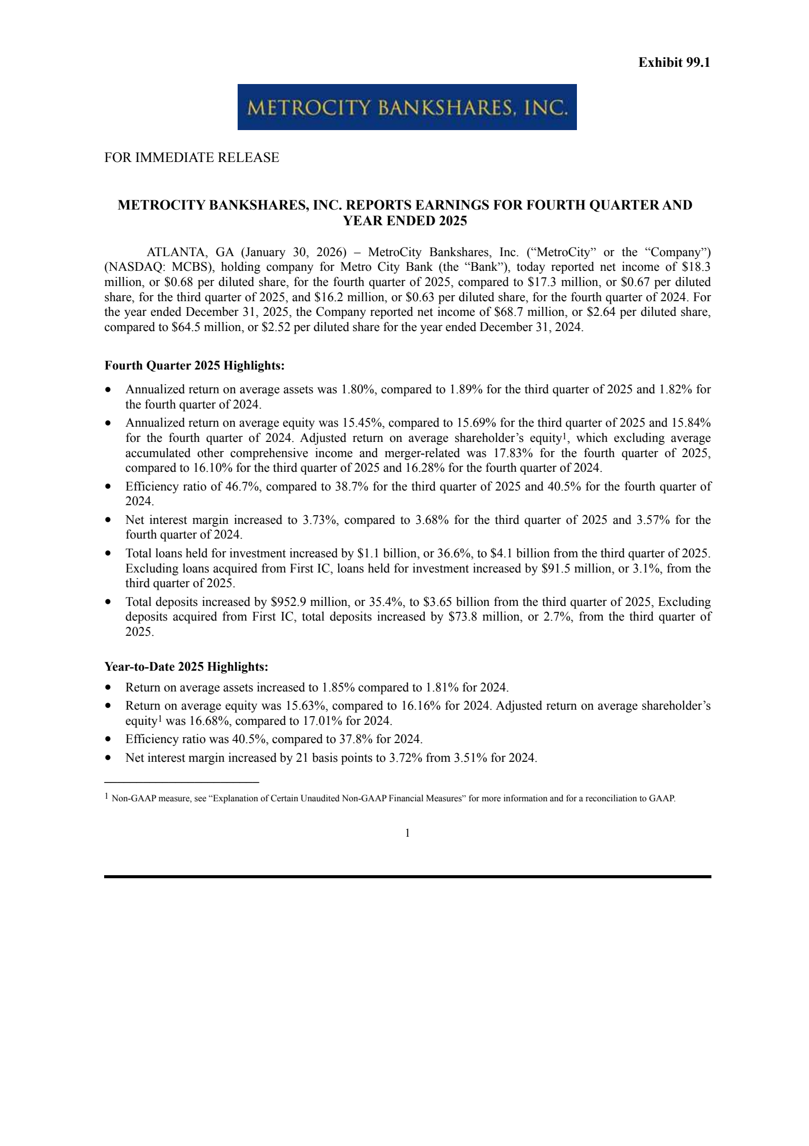 MetroCity Bankshares' Q4 2025 Press Release