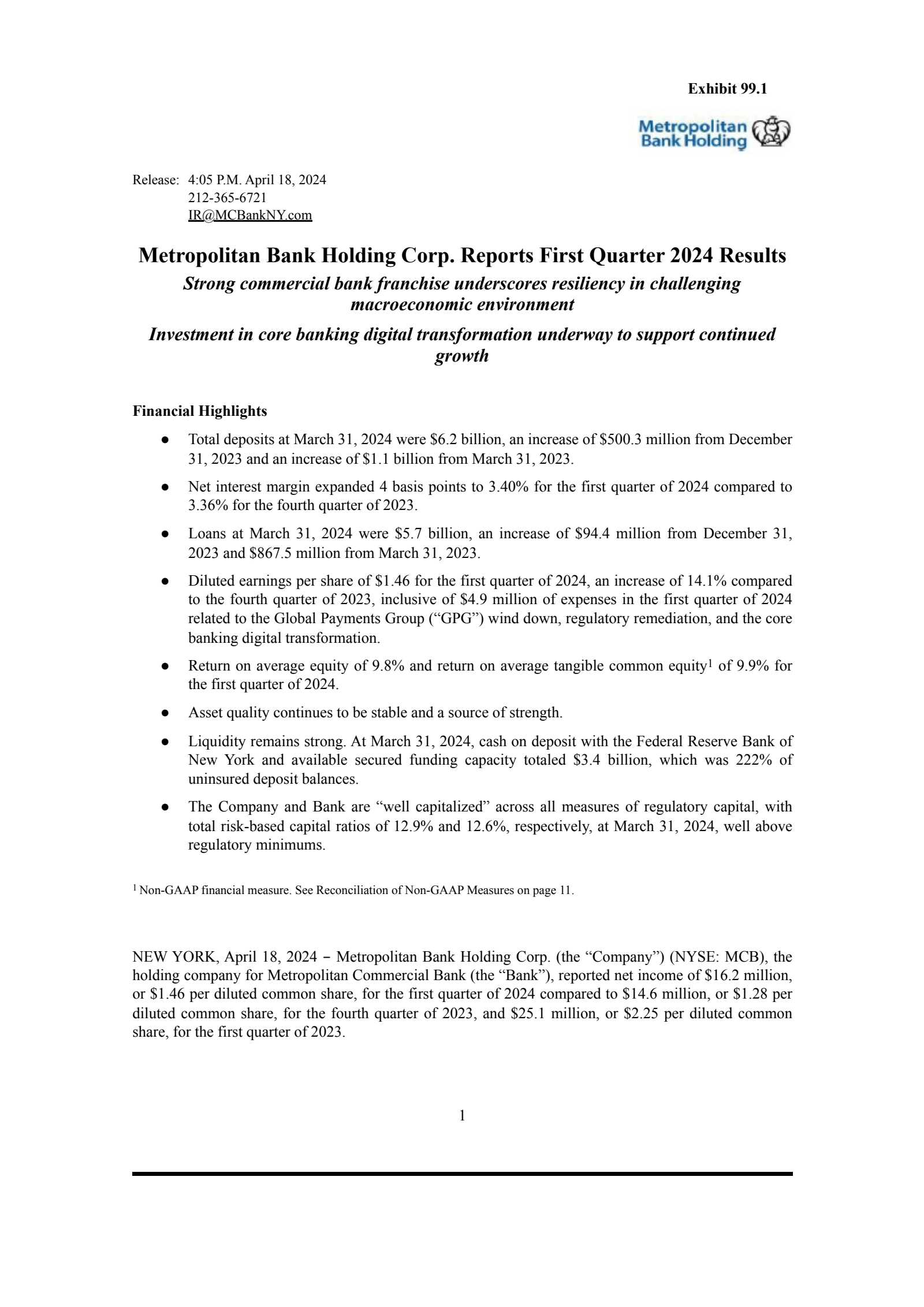 Metropolitan Bank's Q1 2024 Press Release
