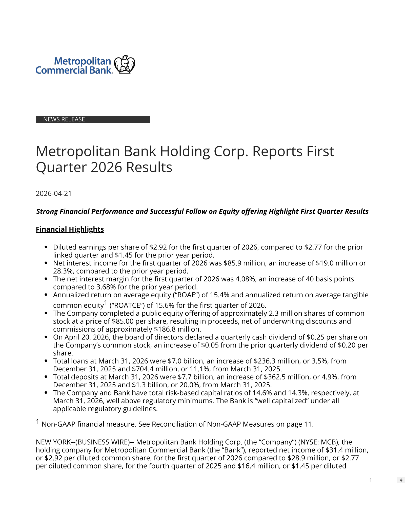 Metropolitan Bank's Q1 2026 Press Release