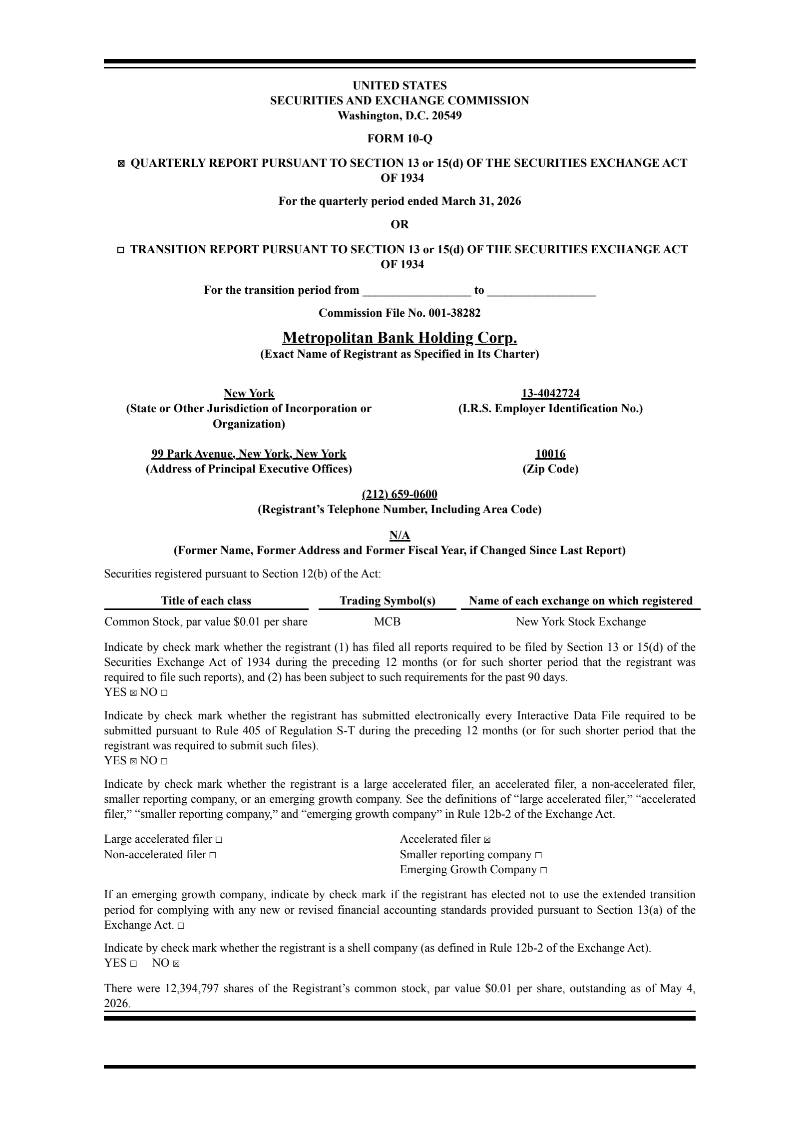 Metropolitan Bank's Q1 2026 Quarterly report
