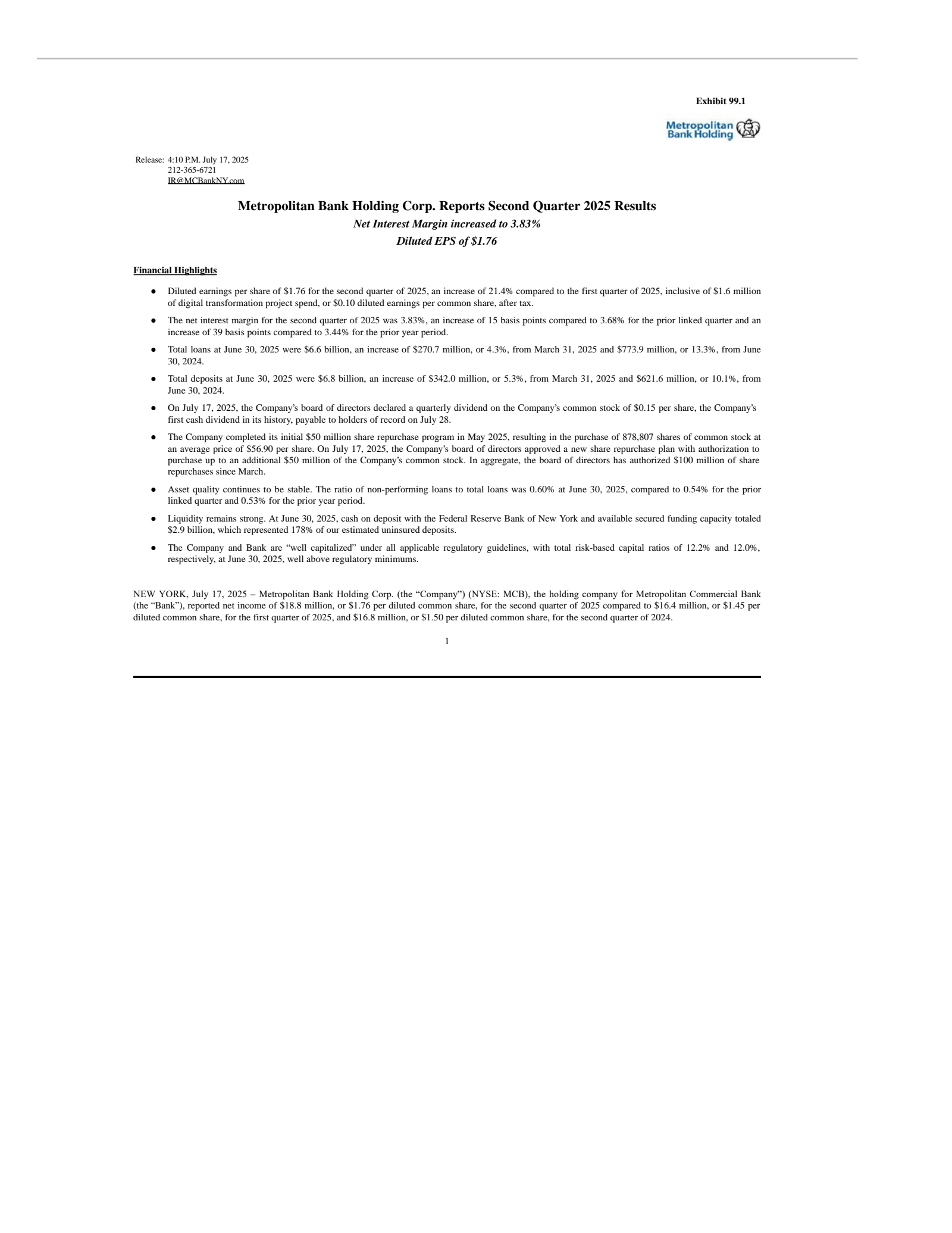 Metropolitan Bank's Q2 2025 Press Release