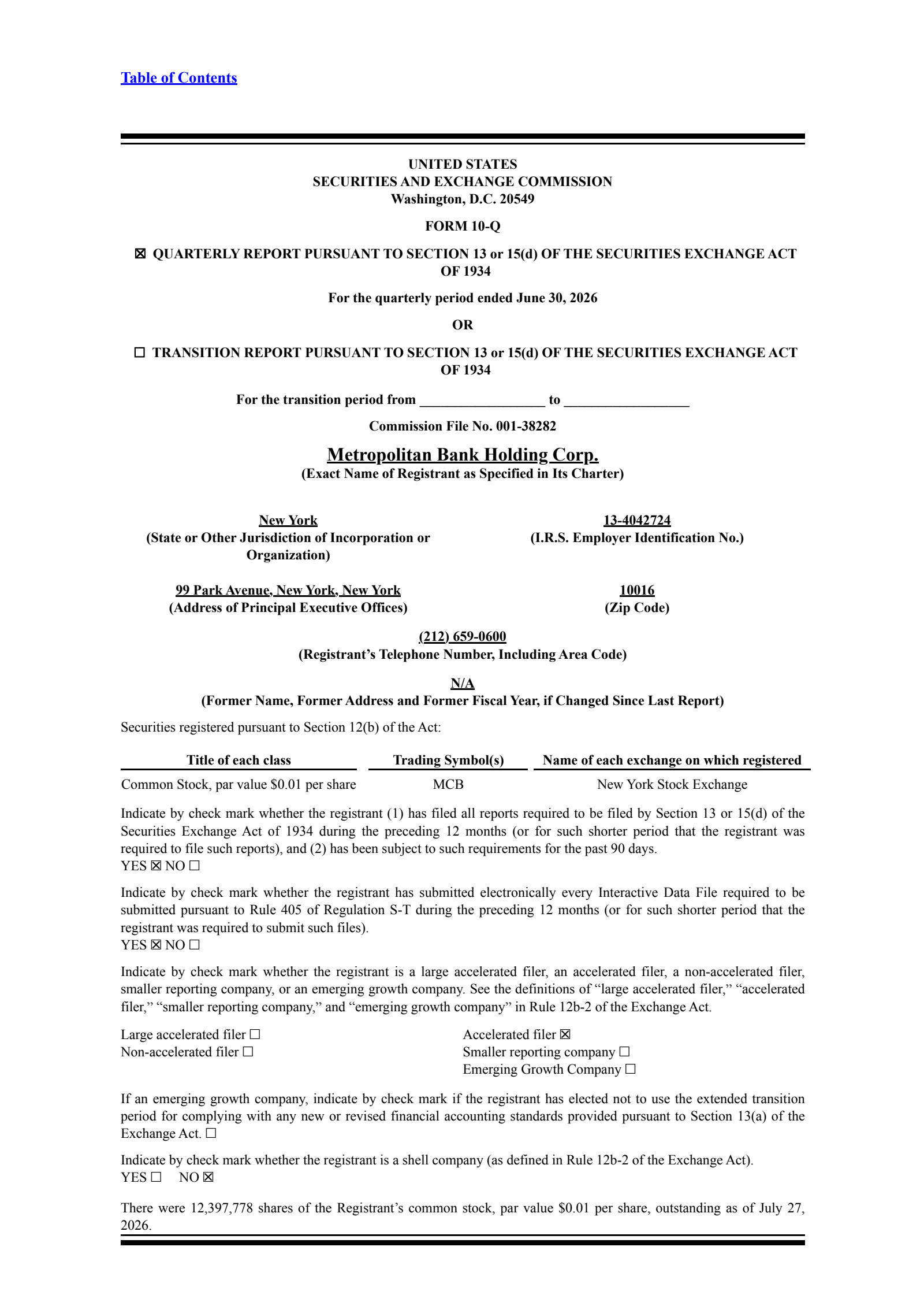 Metropolitan Bank's Q2 2026 Quarterly report